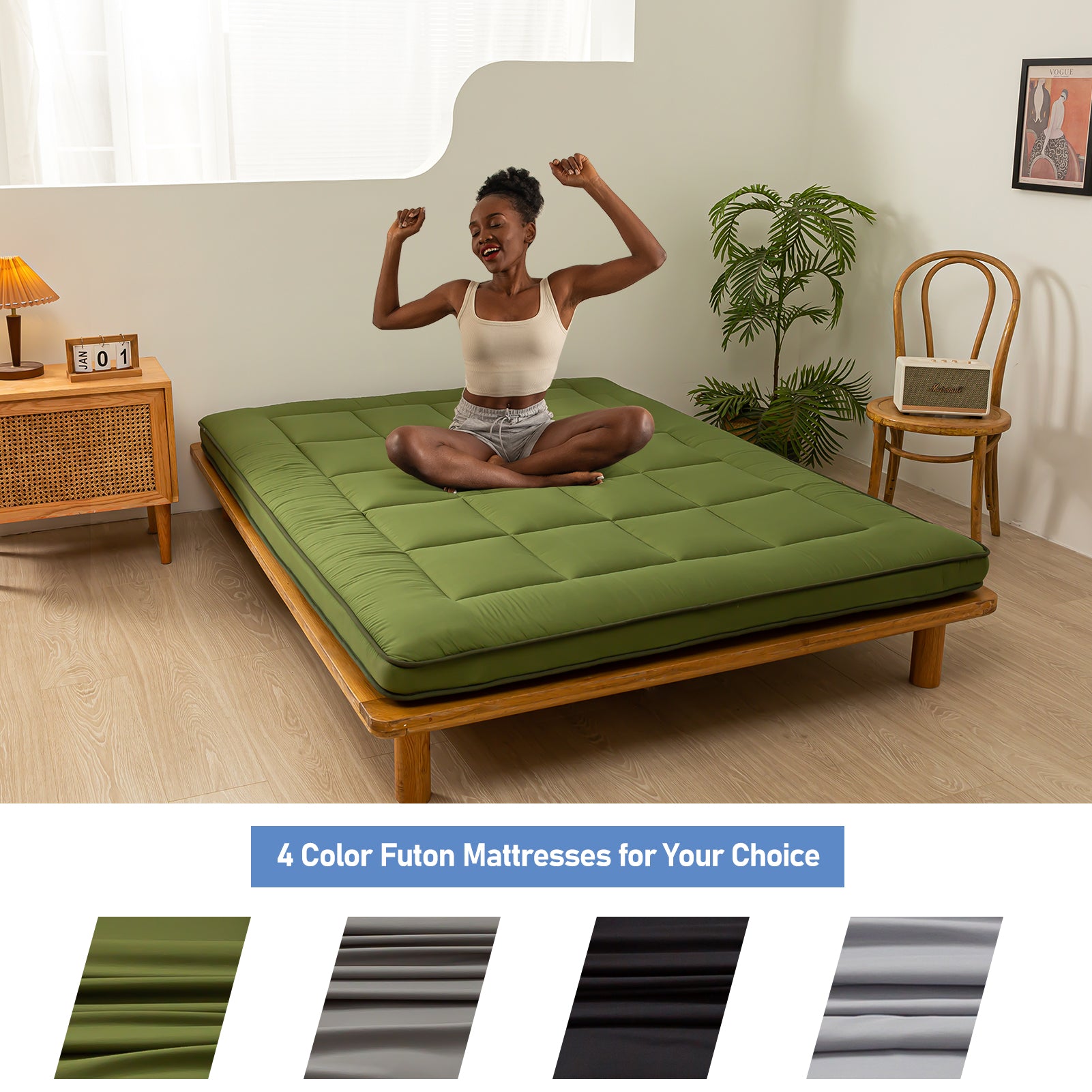 MAXYOYO Japanese Floor Mattress for Adults - 4 Inch Thick Roll Up Futon Mattress (Shikibuton) in Green | Portable Floor Bed for Guest Room, Camping & Small Space Living