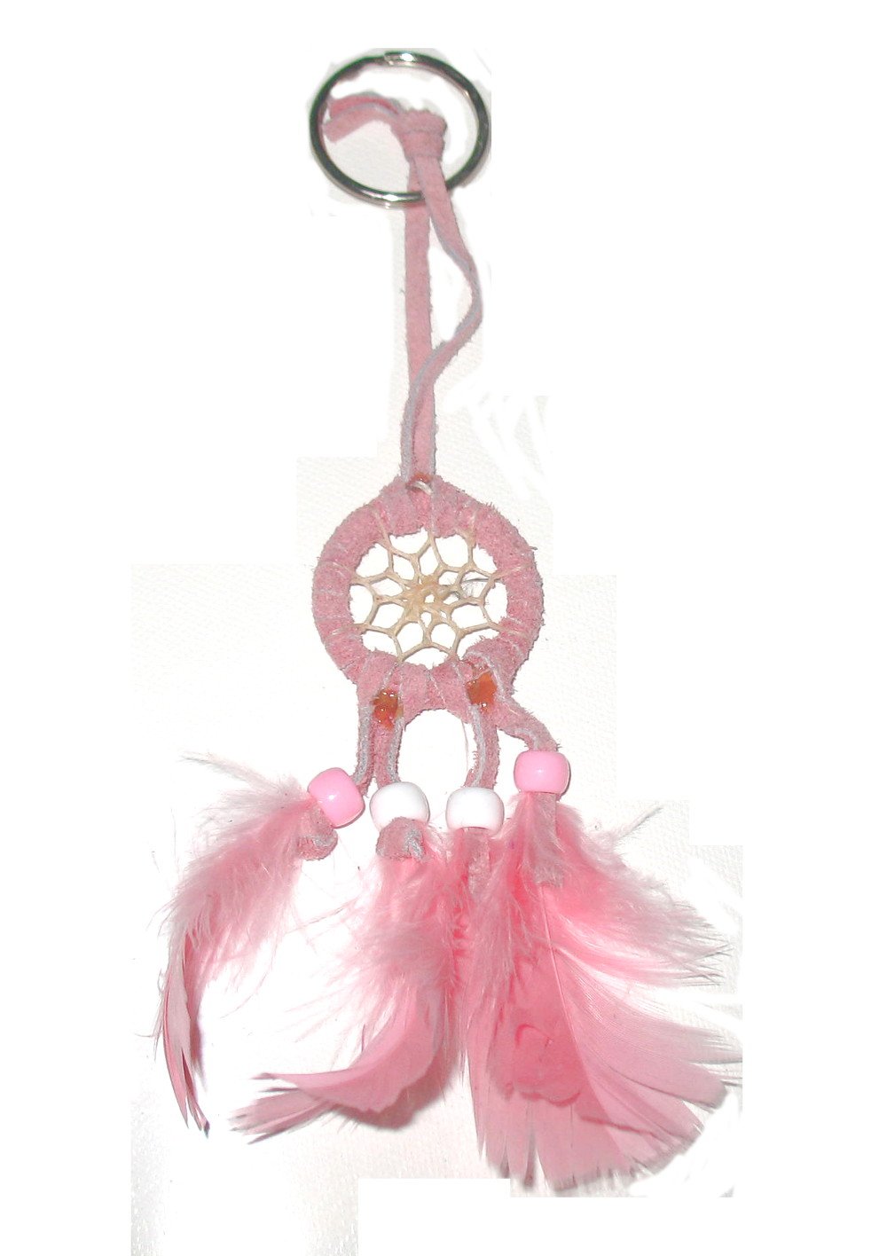 Handmade Dream Catcher Keychain - 4 Feathers & Beads - Light Pink for Gifts & Home Decor