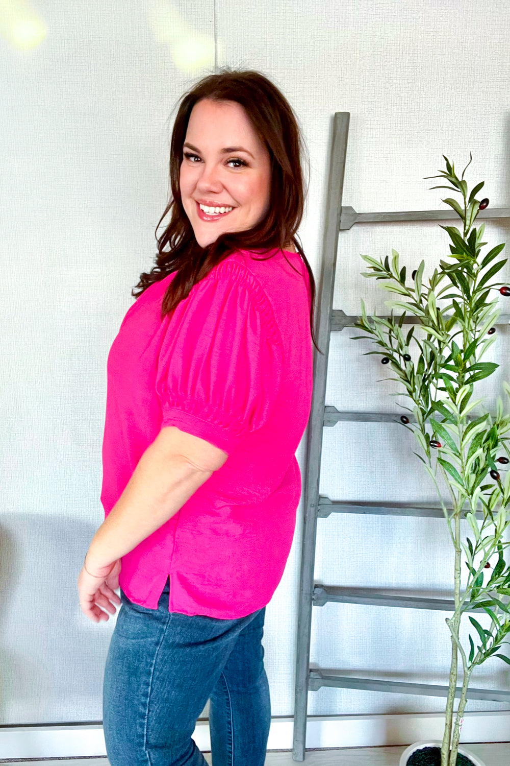 Perfectly You Solid Fuchsia Silk Shirred Cap Short Sleeve Blouse for Women | Elegant Casual & Office Wear | Summer Fashion Top