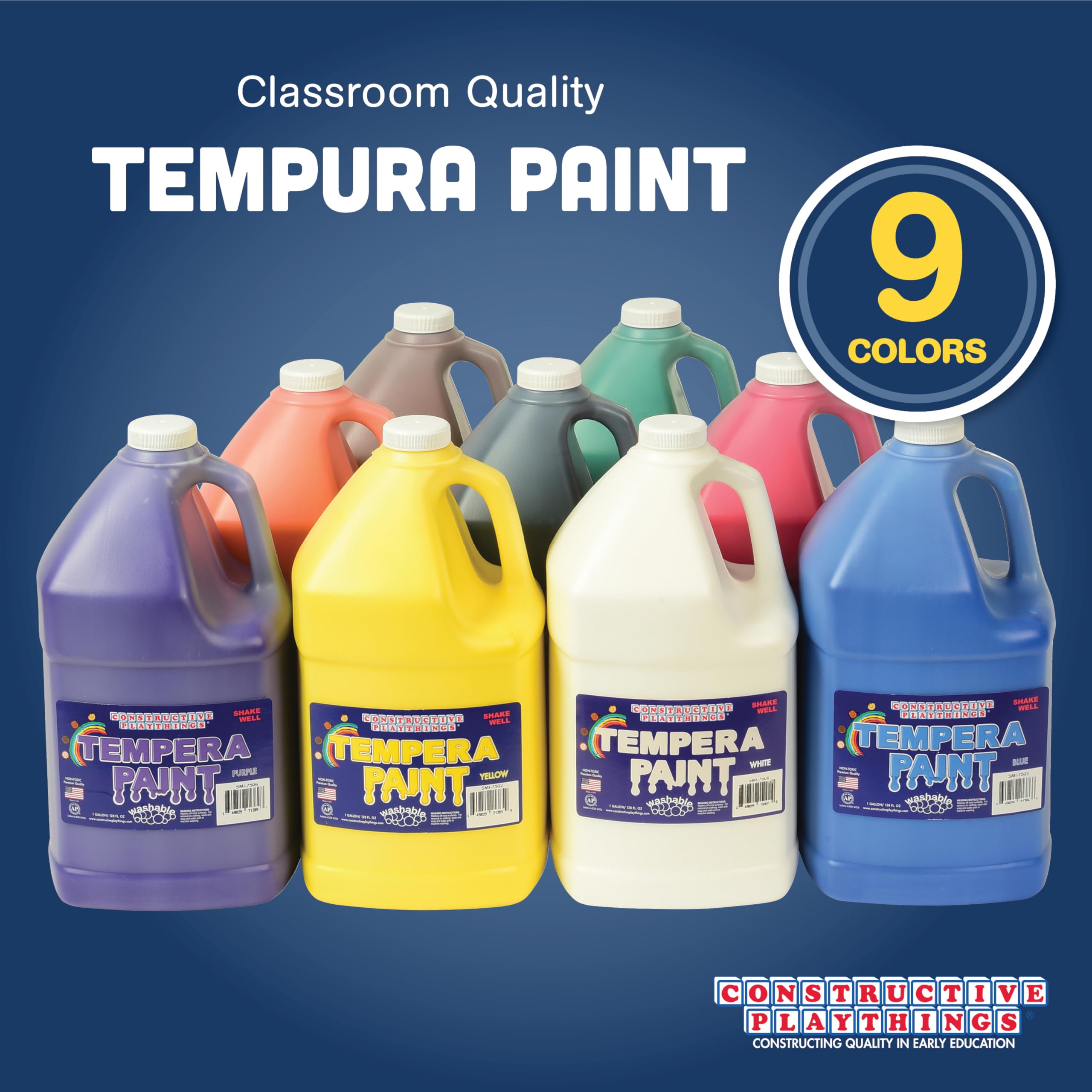 Washable Tempera Paint Set for Kids - Non-Toxic, 9 Vibrant Colors (1 Gallon Each) - Perfect for Classroom Art Projects, DIY Crafts & Creative Painting Activities