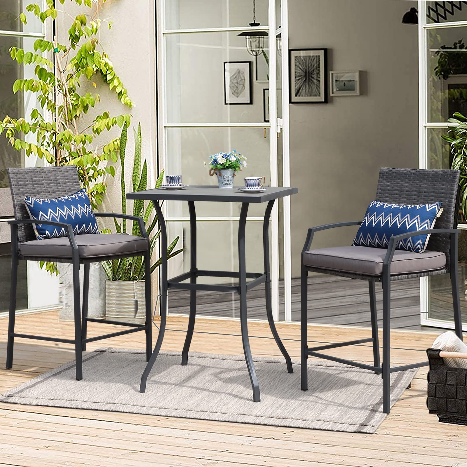 JOIVI 3-Piece Outdoor Patio Bar Set - Counter Height Wicker Bar Stools with Wood Top Table & Cushions - Perfect for Backyard, Balcony, Deck or Poolside Dining for 2 People - Ideal for Entertaining, Relaxing & Outdoor Gatherings
