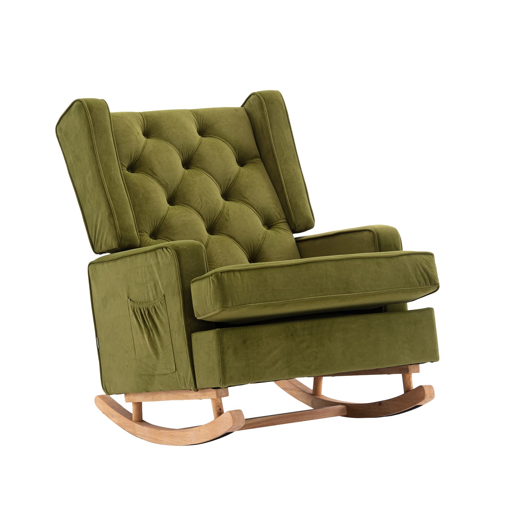 Mid-Century Modern Upholstered Solid Wood Rocking Chair - Comfortable Nursery Glider Rocker for Living Room, Bedroom & Office - Olive Green Accent Chair - Perfect for Relaxing, Nursing & Reading