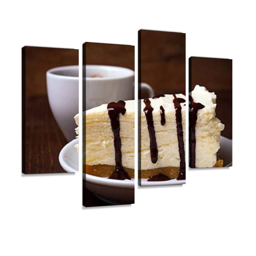 4 Panels Canvas Wall Art - Slice of Cheesecake with Coffee Caramels Modern Framed Paintings - Ready to Hang Home Decor for Living Room, Bedroom & Kitchen