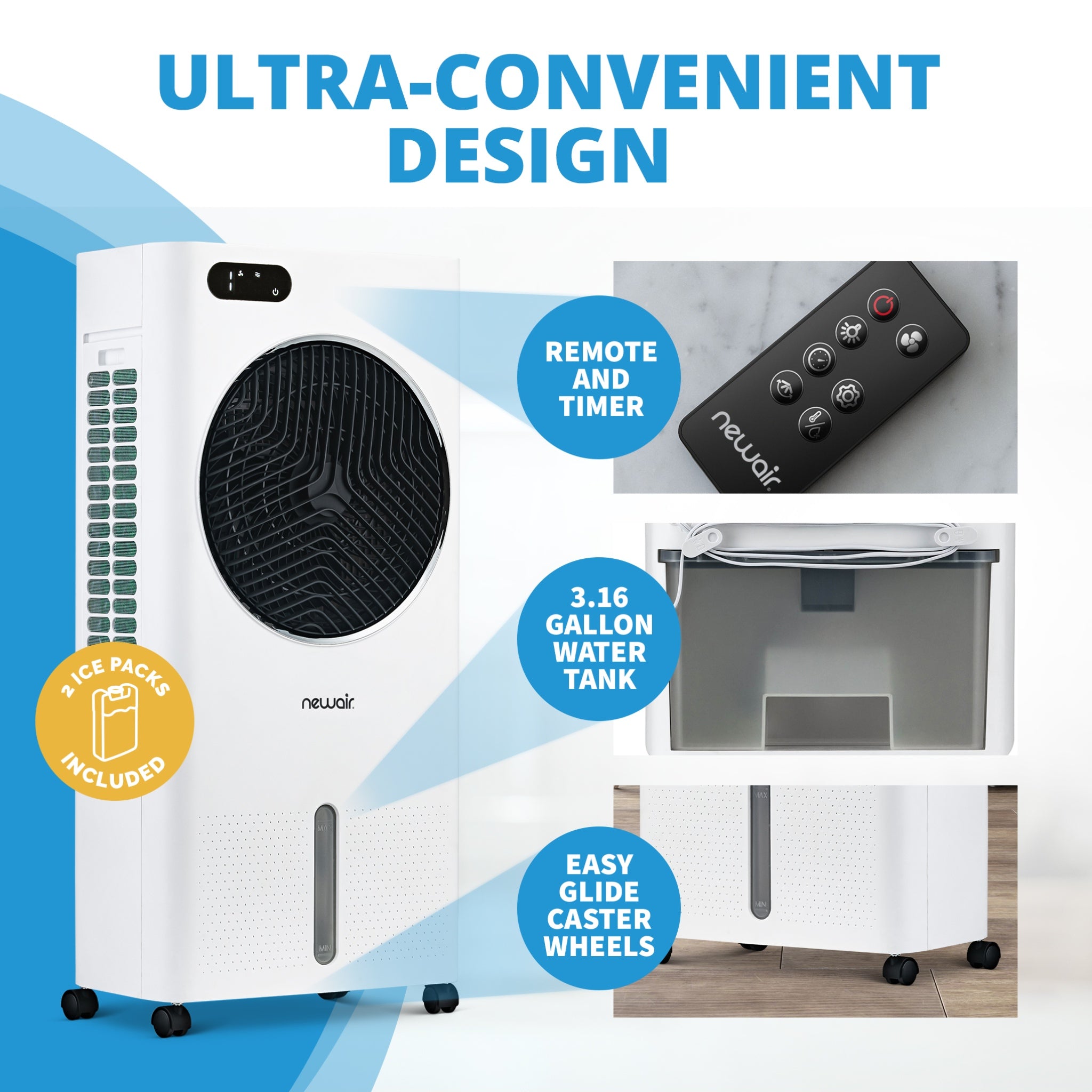 Newair® 1600 CFM Evaporative Air Cooler - Portable Cooling Fan with Honeycomb Pad, White | Perfect for Home, Office & Outdoor Use