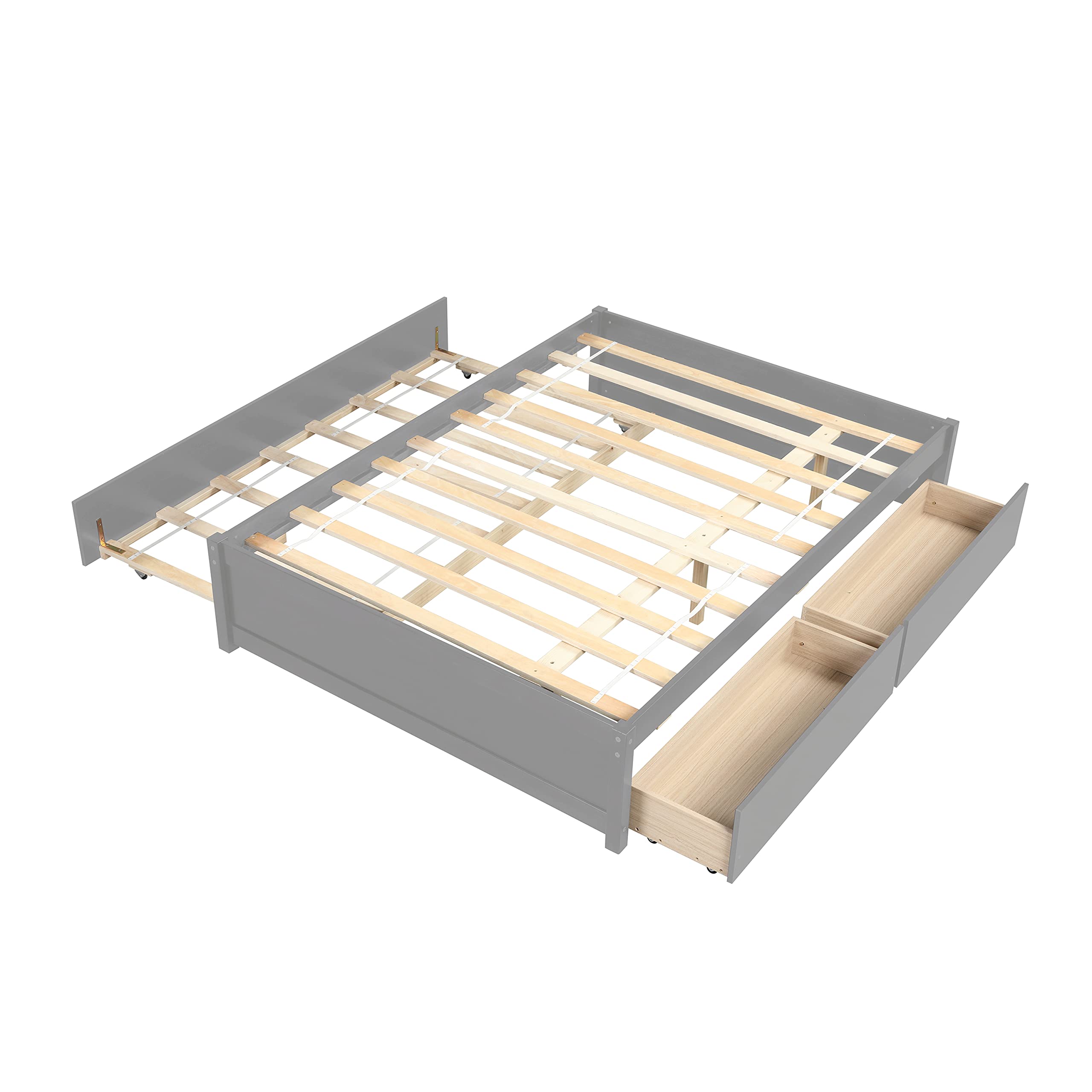 Solid Wood Full Size Platform Bed Frame with Trundle & Storage Drawers - Grey Captain Bed for Kids, Teens & Adults - Perfect for Small Spaces, Guest Rooms & Dormitories