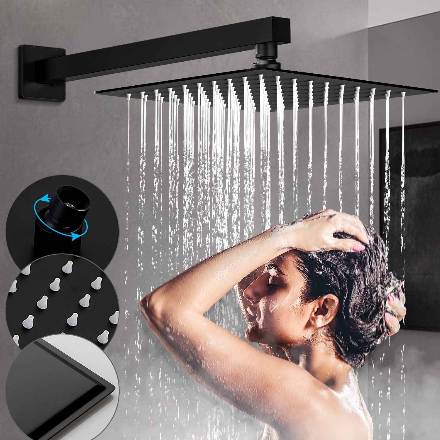 Qomolangma Black 12 Inch Rain Shower System - Wall Mounted Bathroom Shower Faucet Set with Pressure Balance Valve, 2-Function Shower Head (Rainfall & Handheld Spray) - Perfect for Modern Bathrooms, Spa-Like Shower Experience