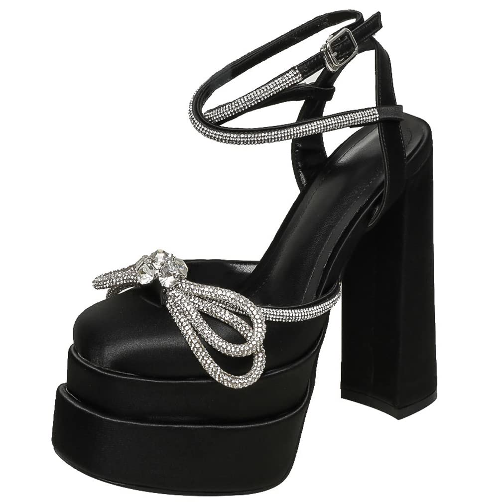 Furcross Women's Chunky Block Heel Platform Pumps - Square Toe Rhinestone Bow Knot Dress Shoes for Wedding, Party & Evening Occasions