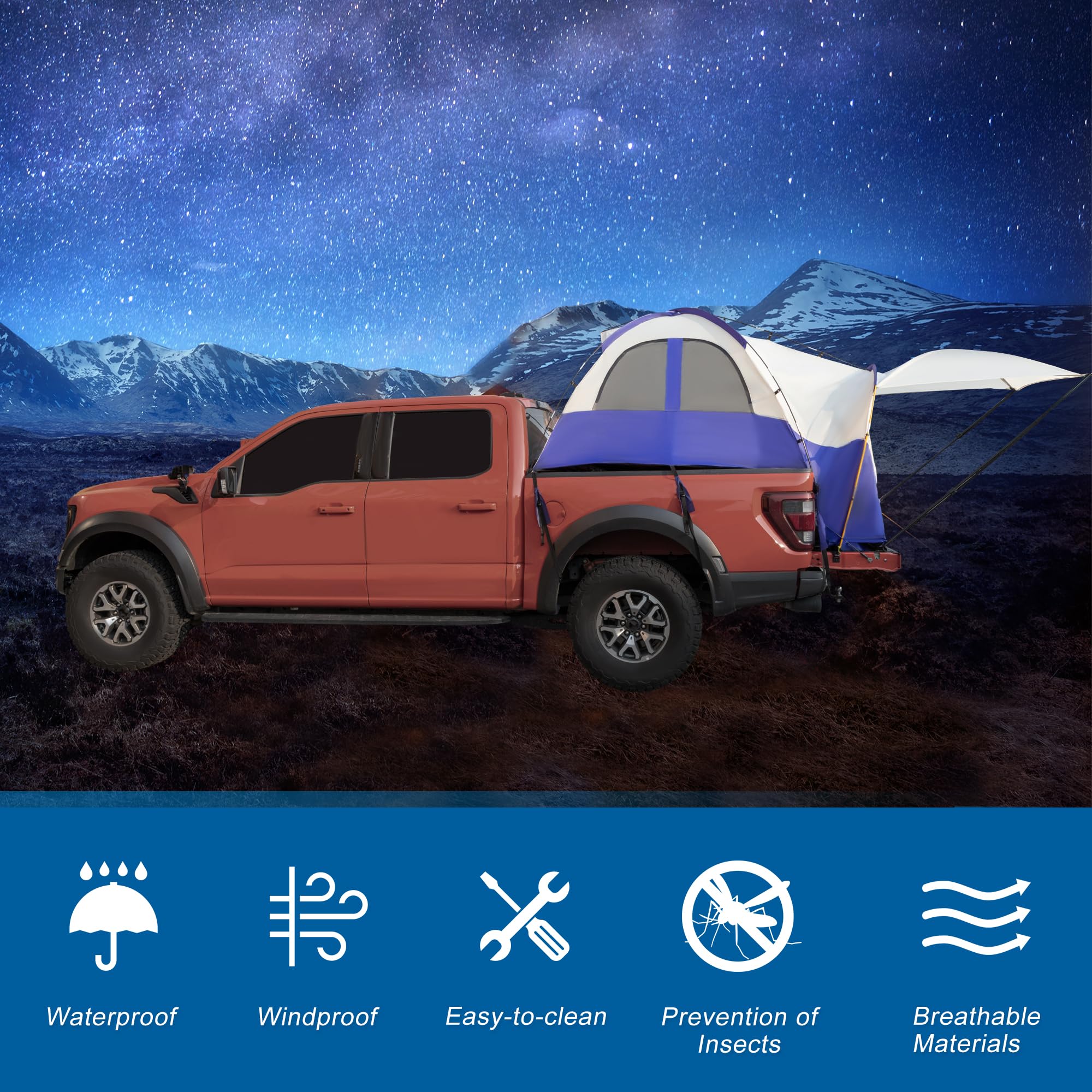 uxcell Waterproof P3000mm 6.4-6.7 FT Pickup Truck Tent - 2-Person Double Layer Truck Bed Camping Tent with Expandable Awning, Rainfly & Storage Bag - Perfect for Outdoor Adventures, Road Trips & Off-Grid Camping