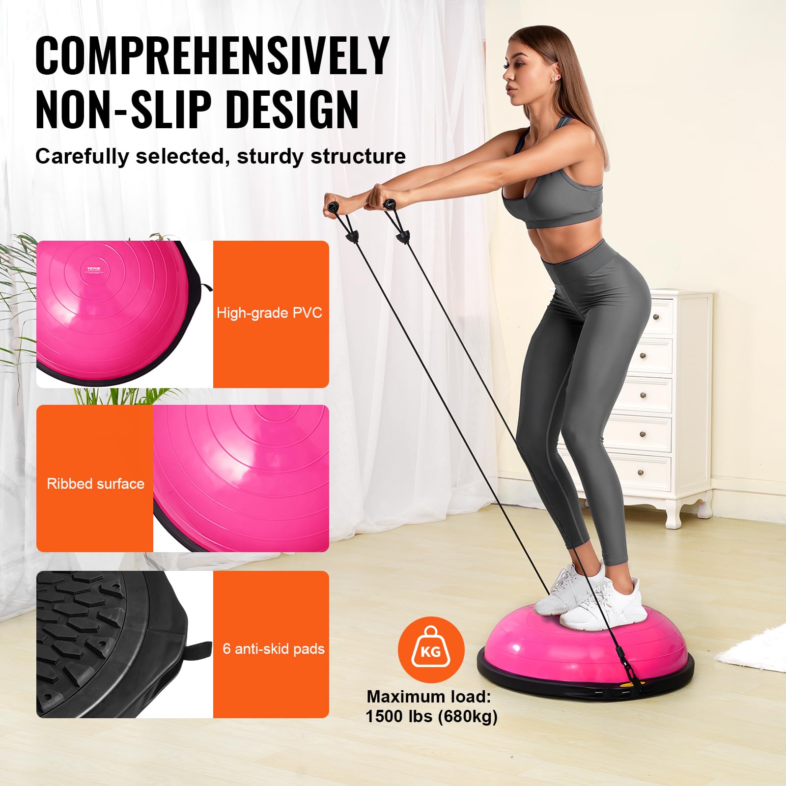VEVOR 23/26 Inch Half Exercise Ball Trainer - 1500lbs Capacity Stability & Balance Ball with Resistance Bands & Foot Pump - Yoga Fitness Ball for Home Gym, Core Workouts, Pilates, Physical Therapy & Full Body Training (Black)
