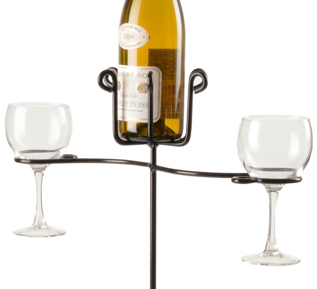 Premium Wrought Iron Wine Bottle & Glass Holder with Powder Coated Finish - Outdoor Wine Rack for Patio, Garden & Backyard Entertaining - Made in USA