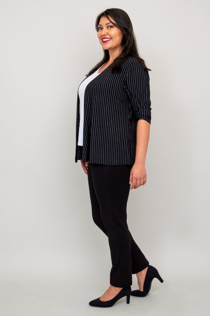 Kathy Jacket Women's Lightweight Blazer - Black & White Pin Stripe Bamboo Fabric - Perfect for Office Wear, Business Meetings & Professional Outfits