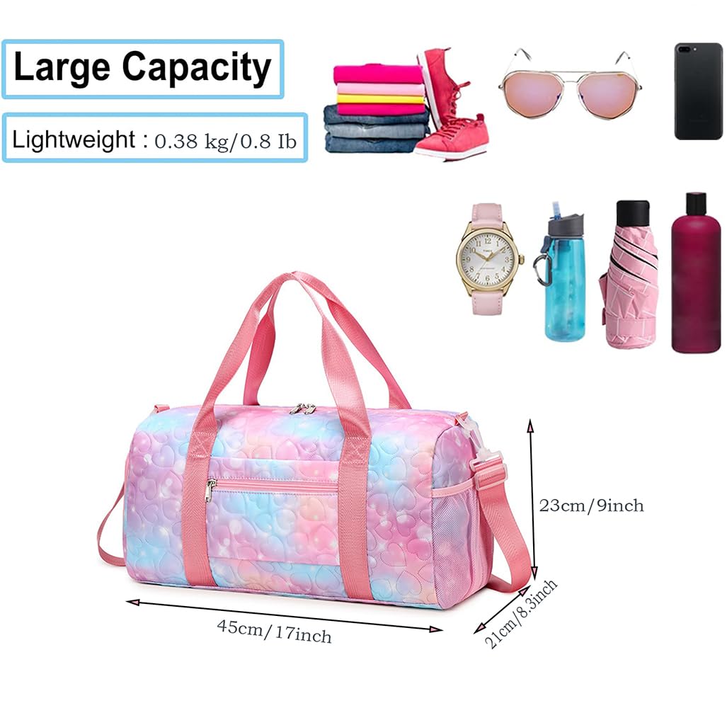 Girls Dance Gym Bag with Shoe Compartment - Pink Weekender for Travel & Sleepovers