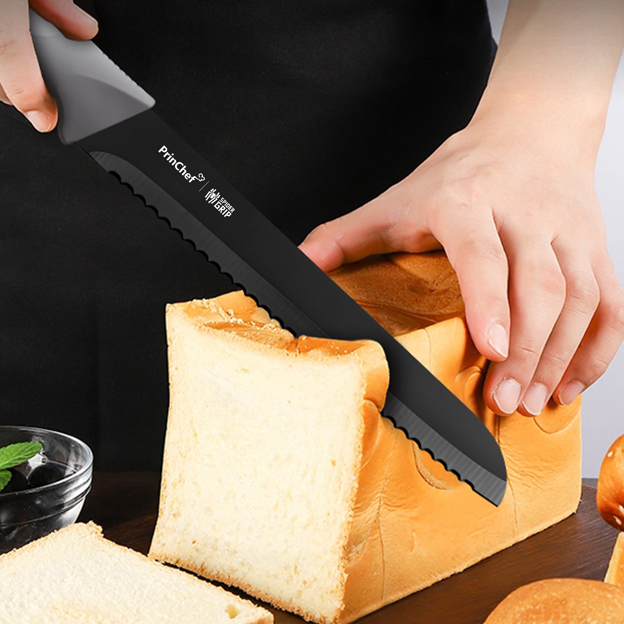 PrinChef 8 Inch Serrated Bread Knife with Sheath - Stainless Steel Anti Rust & Nonstick Blade - Perfect for Hard Crusty Bread, Homemade Loaves, Baguettes & Pastries - Ideal for Bakeries, Home Kitchens & Professional Chefs