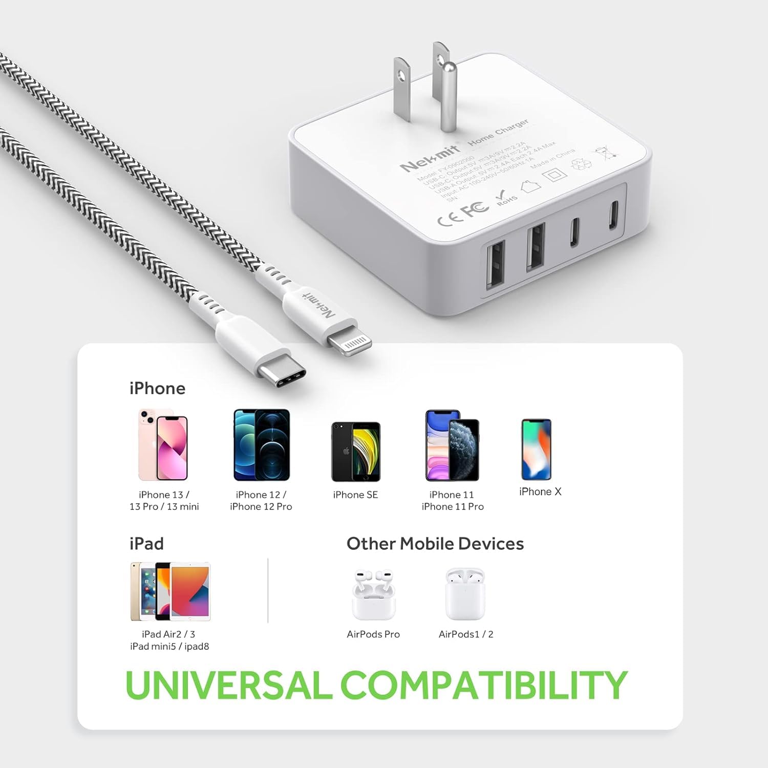 52W 4-Port USB C Fast Wall Charger with 6.6FT USB-C to Lightning Cable - Dual 20W PD & 2 USB Ports for iPhone 15/15 Pro/15 Pro Max, iPad Pro, AirPods Pro - Compact Slim Design for Home, Office & Travel Charging