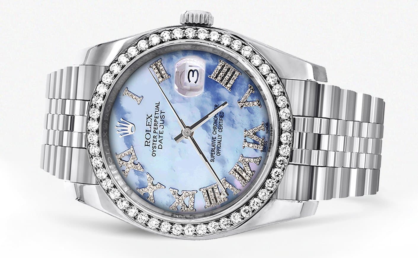 Authentic Rolex Datejust 36mm Watch - Blue Mother of Pearl Roman Dial, Jubilee Band, Hidden Clasp with Diamonds | Luxury Men's Dress Watch for Business & Formal Occasions