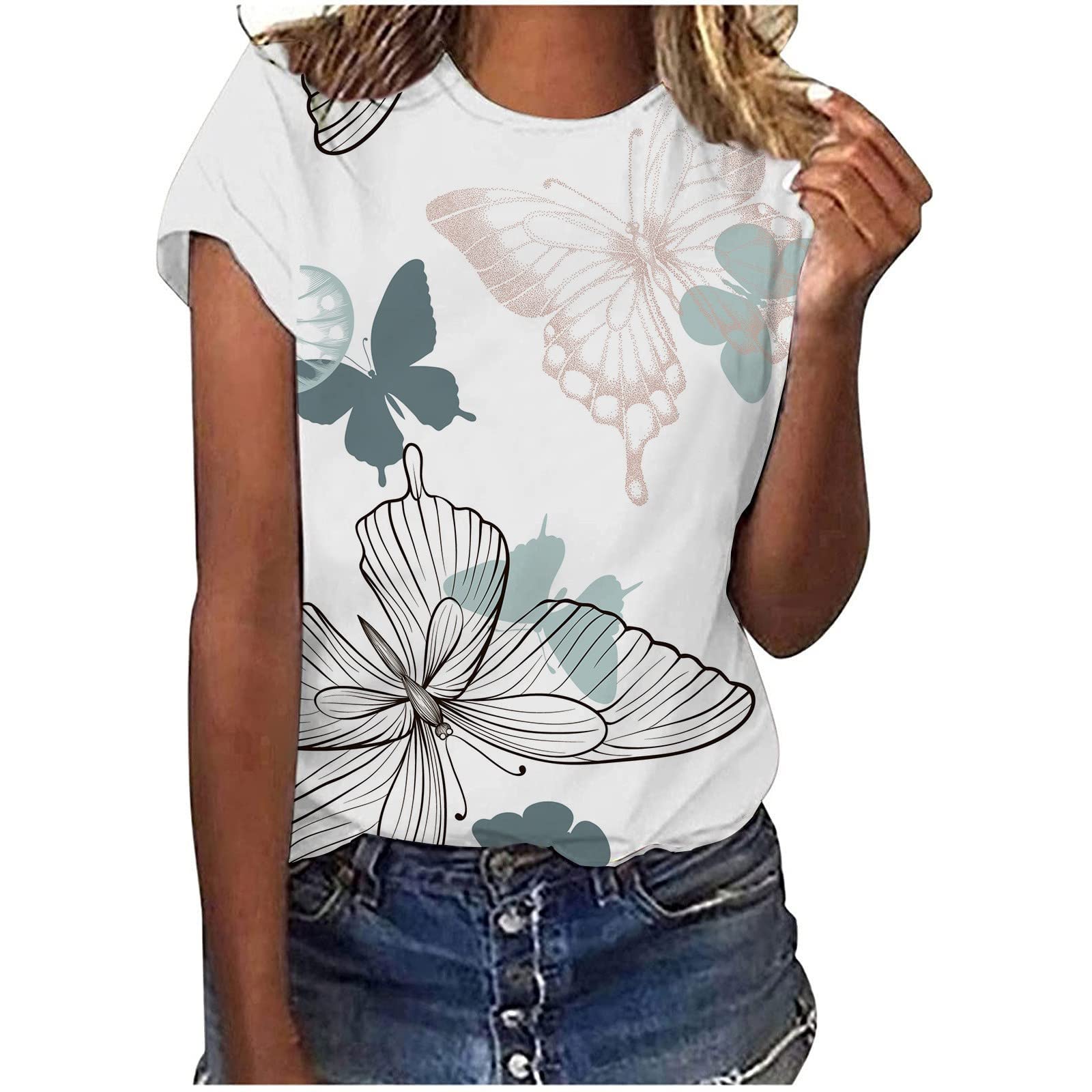 Women's Flowy Round Neck Short Sleeve Butterfly Print Blouse - Elegant Dressy Fashion Top for Casual Wear, Summer Outfits & Office Attire