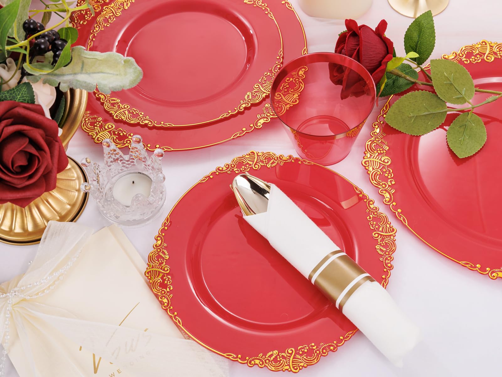 Nervure 175-Piece Disposable Red Plastic Party Dinnerware Set - 50 Plates, 75 Silverware, 25 Cups & 25 Napkins for Christmas, Birthday & Holiday Celebrations - Perfect for 25 Guests at Weddings, BBQs & Family Gatherings