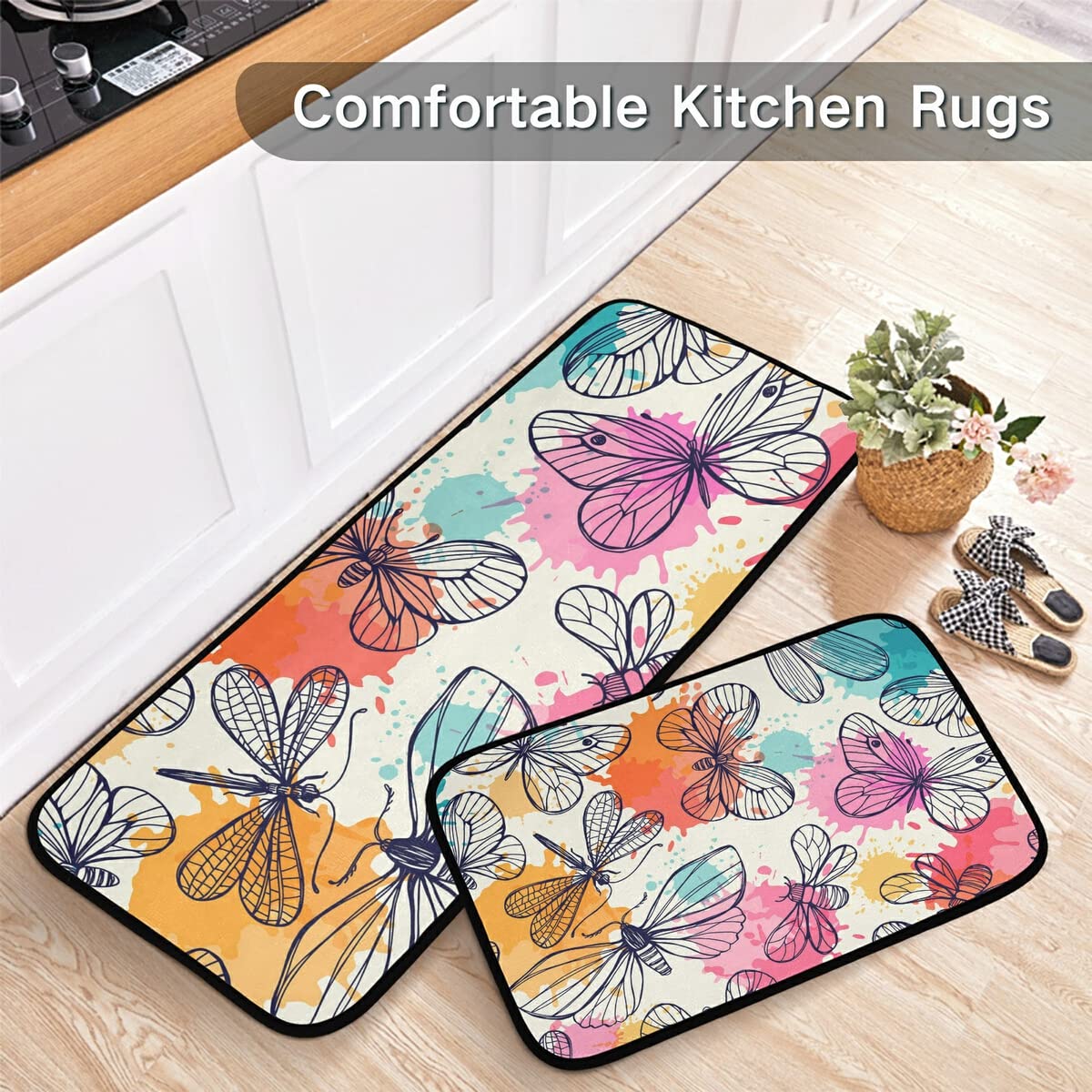 Butterfly & Dragonfly Non-Slip Kitchen Rug Set of 2 - Washable Floor Mats for Kitchen, Laundry Room - Decorative Home Accents for Farmhouse & Boho Style Decor