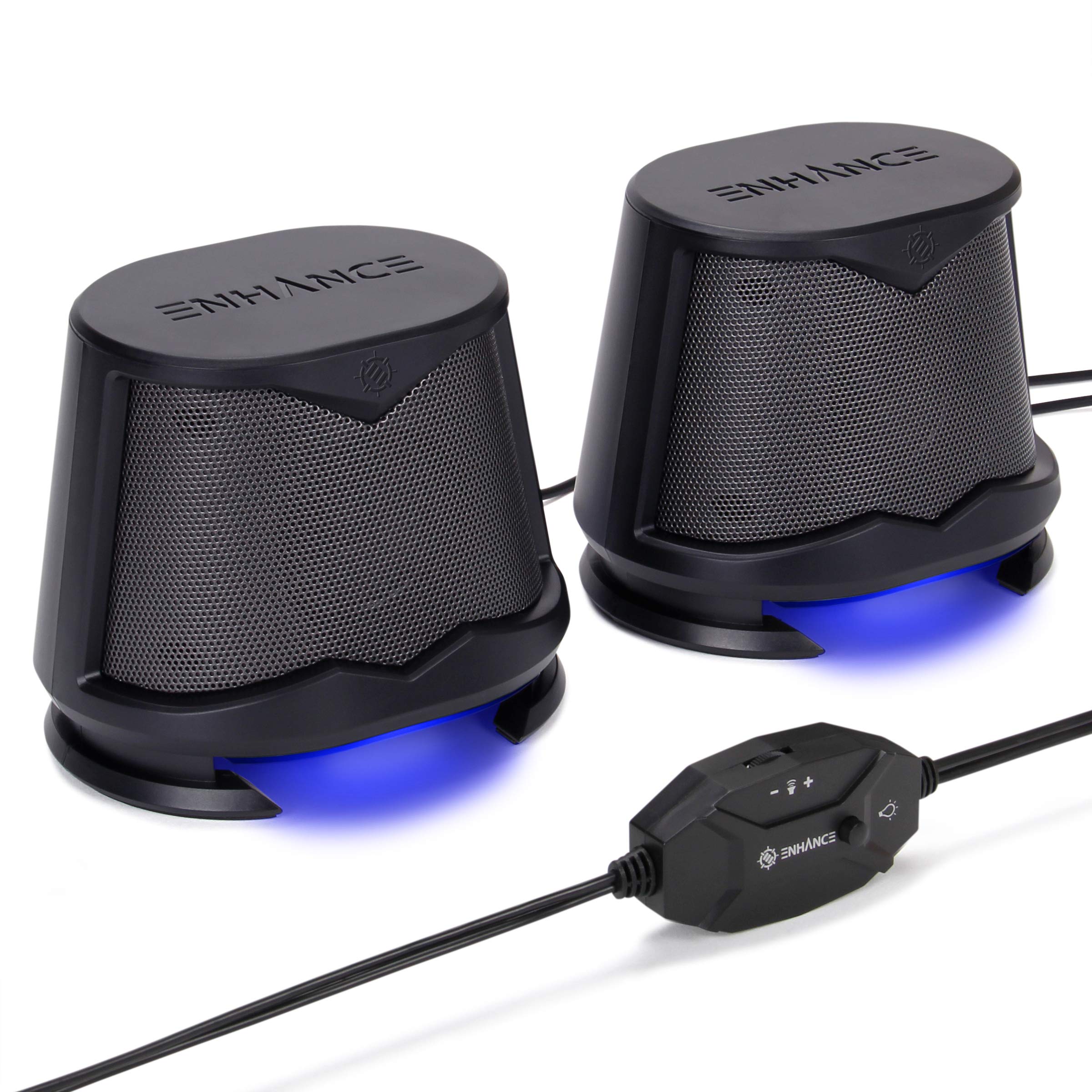 ENHANCE SB2 PC Speakers with Blue LED Lights - 2.0 USB Powered Computer Speakers (10W Peak, 3.5mm Wired Connection, In-Line Volume Control) - Ideal for Gaming, Desktop, Laptop & PC Setup - Black | Perfect for Home Office, Streaming & Multimedia Entertainment