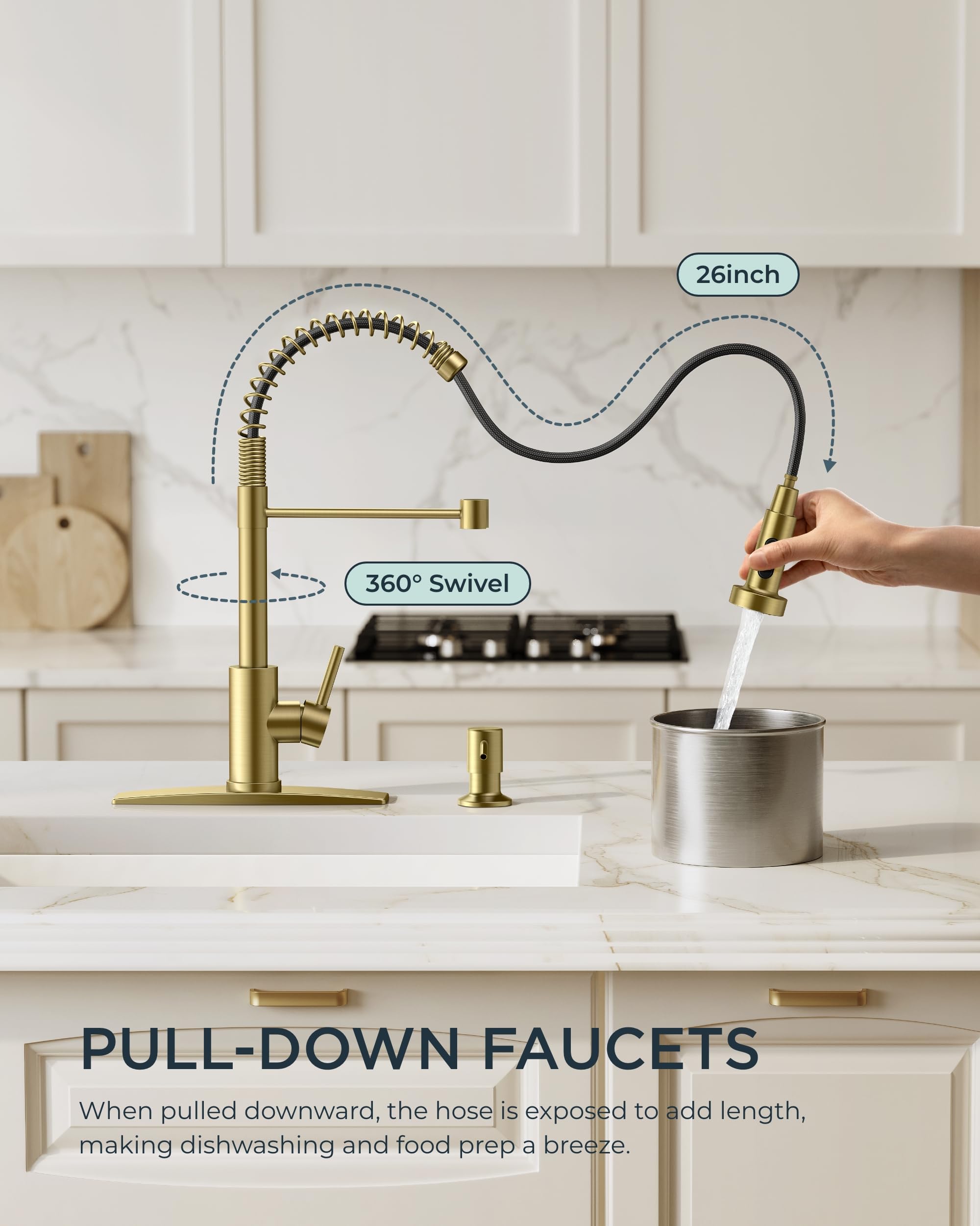 FORIOUS Gold Stainless Steel Kitchen Faucet with Pull Down Sprayer & Built-in Soap Dispenser - Single Handle High Arc Sink Faucet for Farmhouse, RV, Laundry Room & Camper - Perfect for Modern Kitchens and Small Spaces