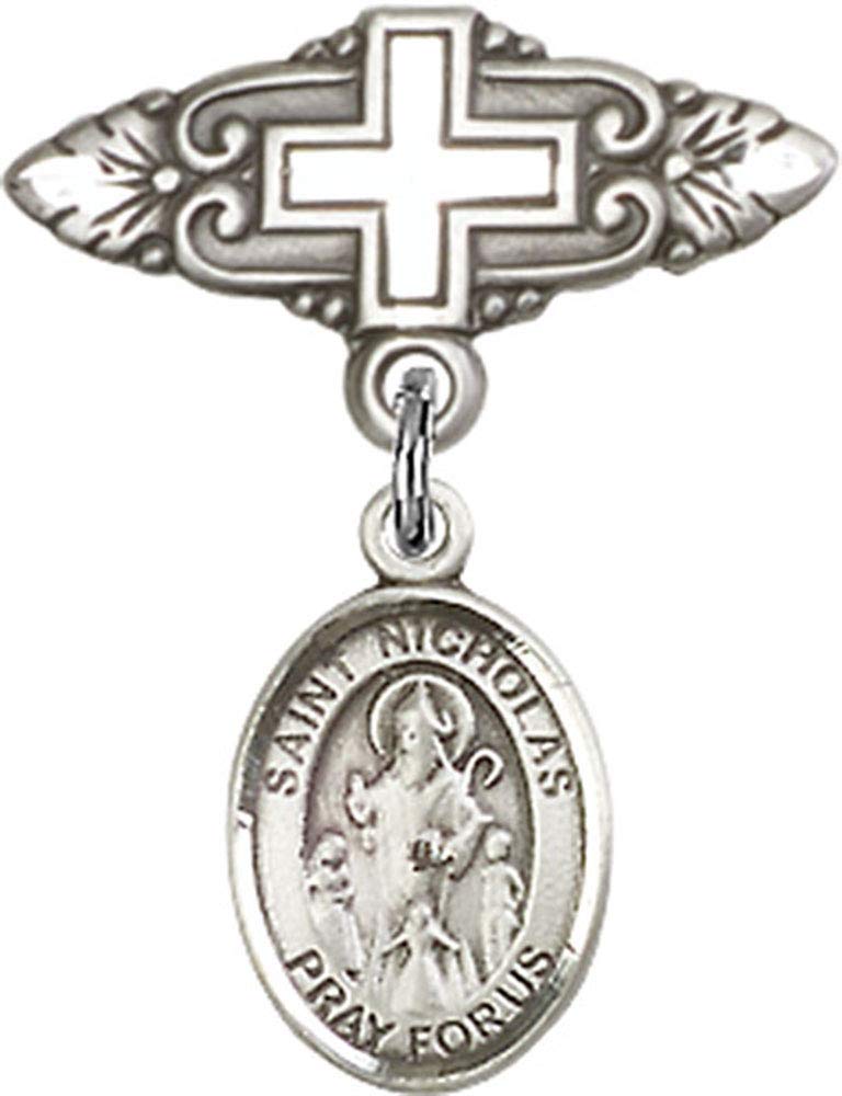 Sterling Silver Baby Badge with St. Nicholas Charm & Cross Badge Pin - Handmade in USA | Religious Jewelry for Christening, Baptism & First Communion Gifts
