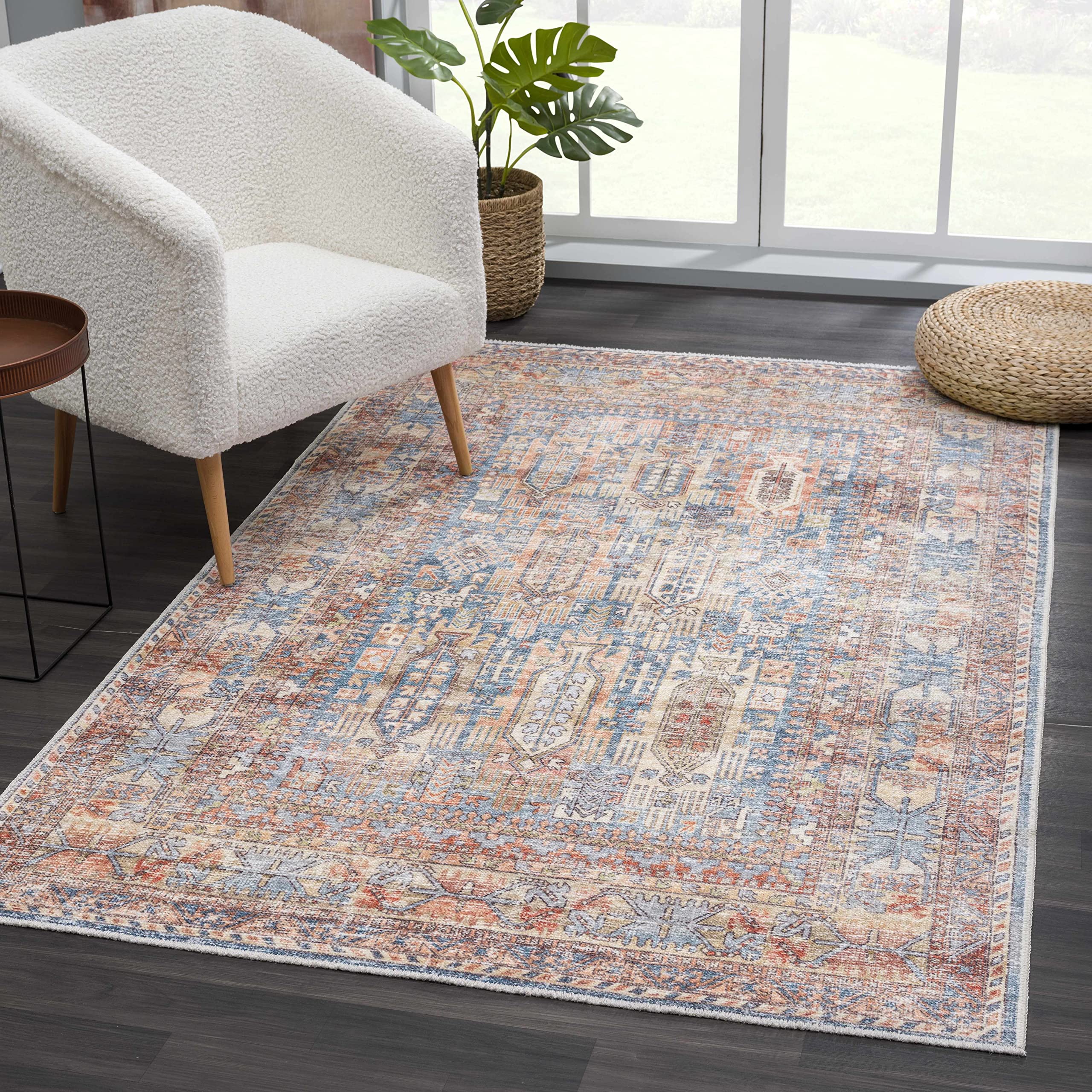 Hauteloom Holli Machine Washable Area Rug - Traditional Vintage Design in Burnt Orange, Lime Green, Aqua - 9'2
