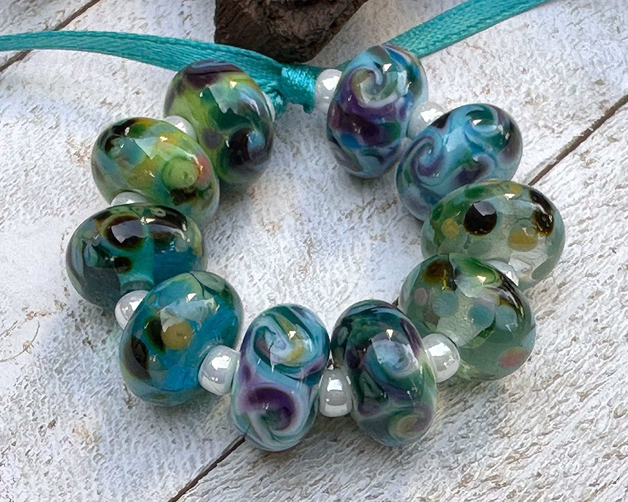 10pcs Handmade Green and Blue Mosaics Lampwork Glass Beads for Jewelry Making - DIY Bracelet, Necklace, Earrings Craft Supplies - Perfect for Boho, Beach, and Summer Fashion Accessories