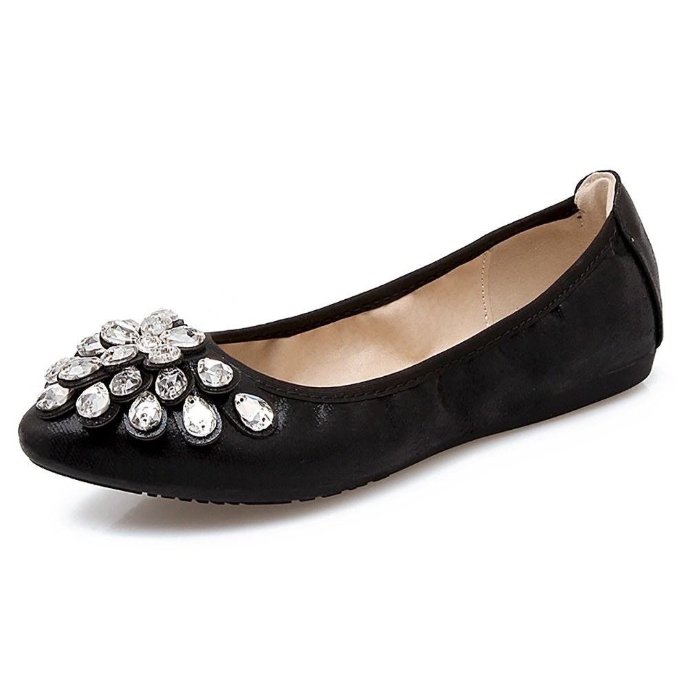 Meeshine Women's Foldable Soft Pointed Toe Ballet Flats - Rhinestone Decorated Comfortable Slip On Shoes for Work, Travel & Casual Wear