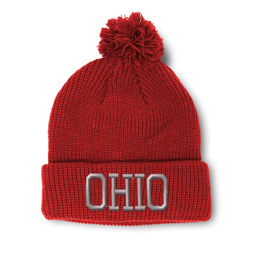 Speedy Pros Acrylic Pom Pom Beanie for Women & Men - Ohio State USA America Embroidery Skull Cap Winter Hat (One Size Fits All) - Perfect for Cold Weather, Outdoor Activities & Team Spirit