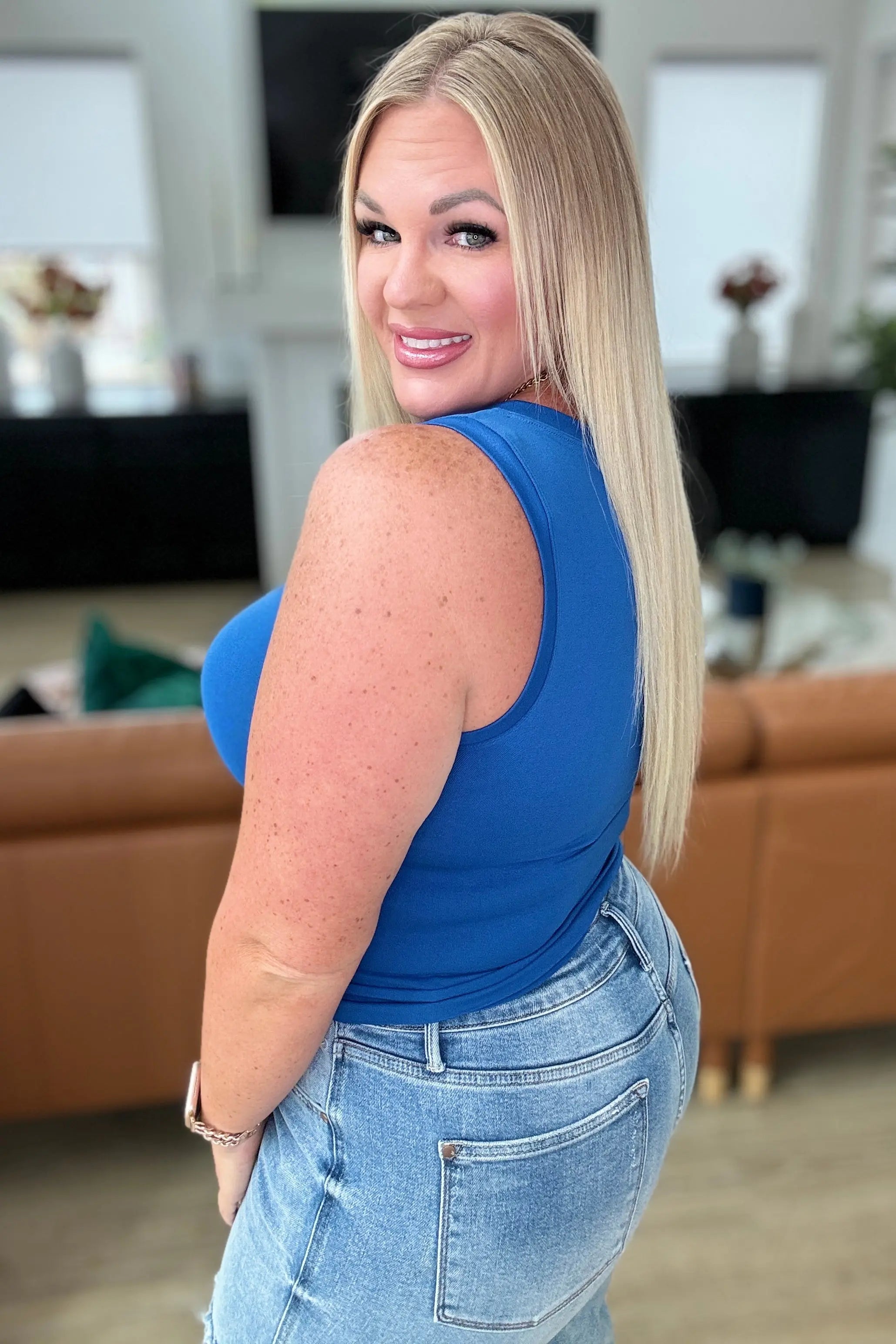 Classic Blue Longline Tank Top for Women - Comfortable Stretchy Fitted Casual Shirt - Perfect for Yoga, Workouts, and Everyday Wear