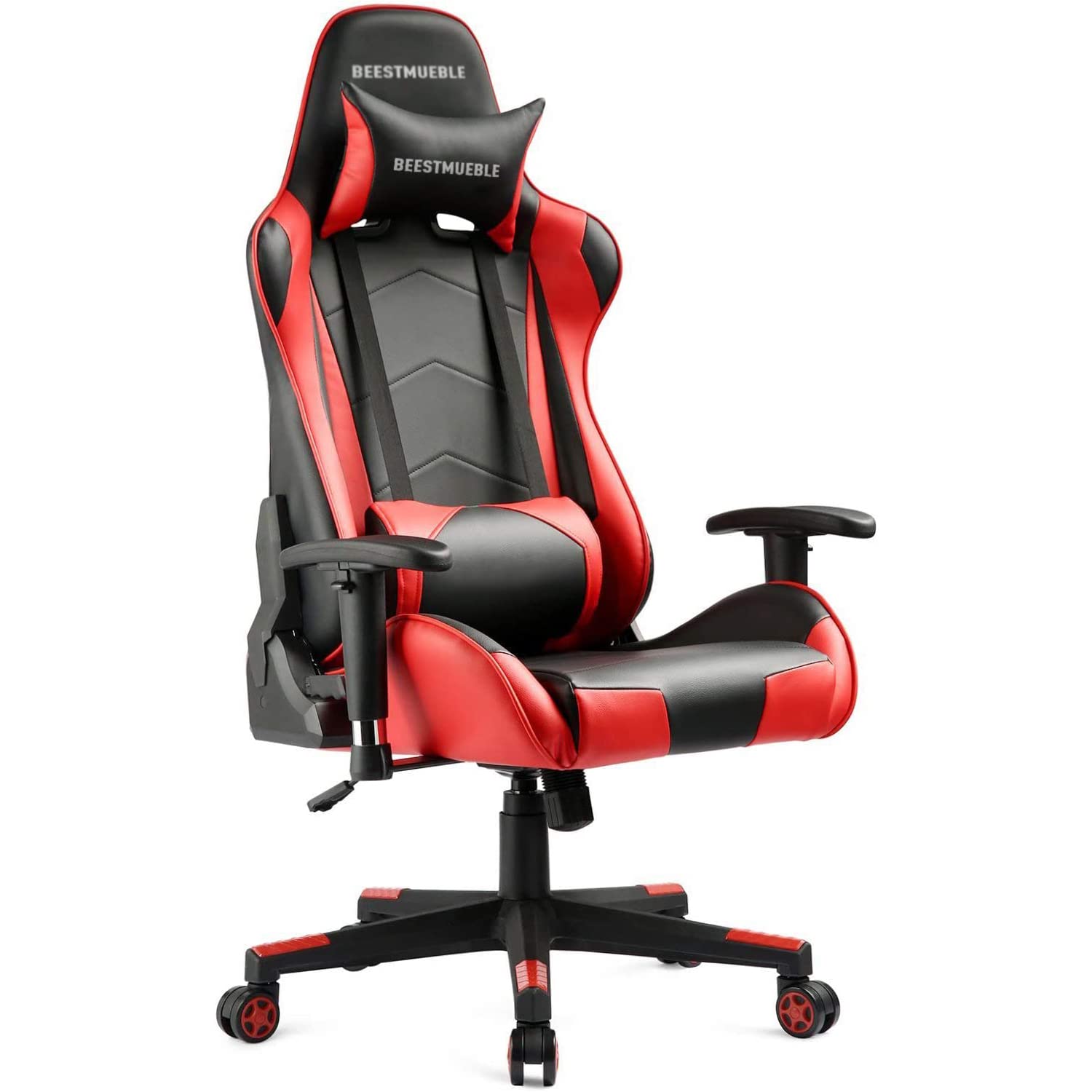 BEESTMUEBLE Ergonomic Gaming Chair - Racing Style Office Computer Chair with Adjustable Height, Recliner, Swivel & Rocker - Includes Headrest & Lumbar Support Pillow - Perfect for Esports, PC Gaming & Home Office Workspace (Red)