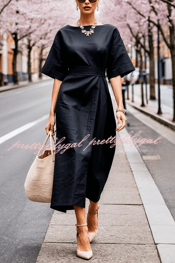 Solid Color Round Neck Half Sleeve Casual Waist Midi Dress for Women - Summer Casual Outfit, Office Wear & Party Dress