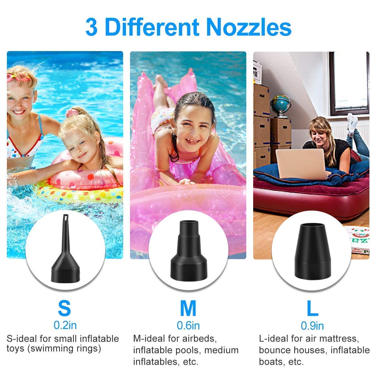 130W Quick Electric Air Pump for Inflatables - Portable Air Mattress Pump with 3 Nozzles for Airbed, Pool Floats, Inflatable Couch | Fast Inflation & Deflation | Perfect for Camping, Travel & Home Use