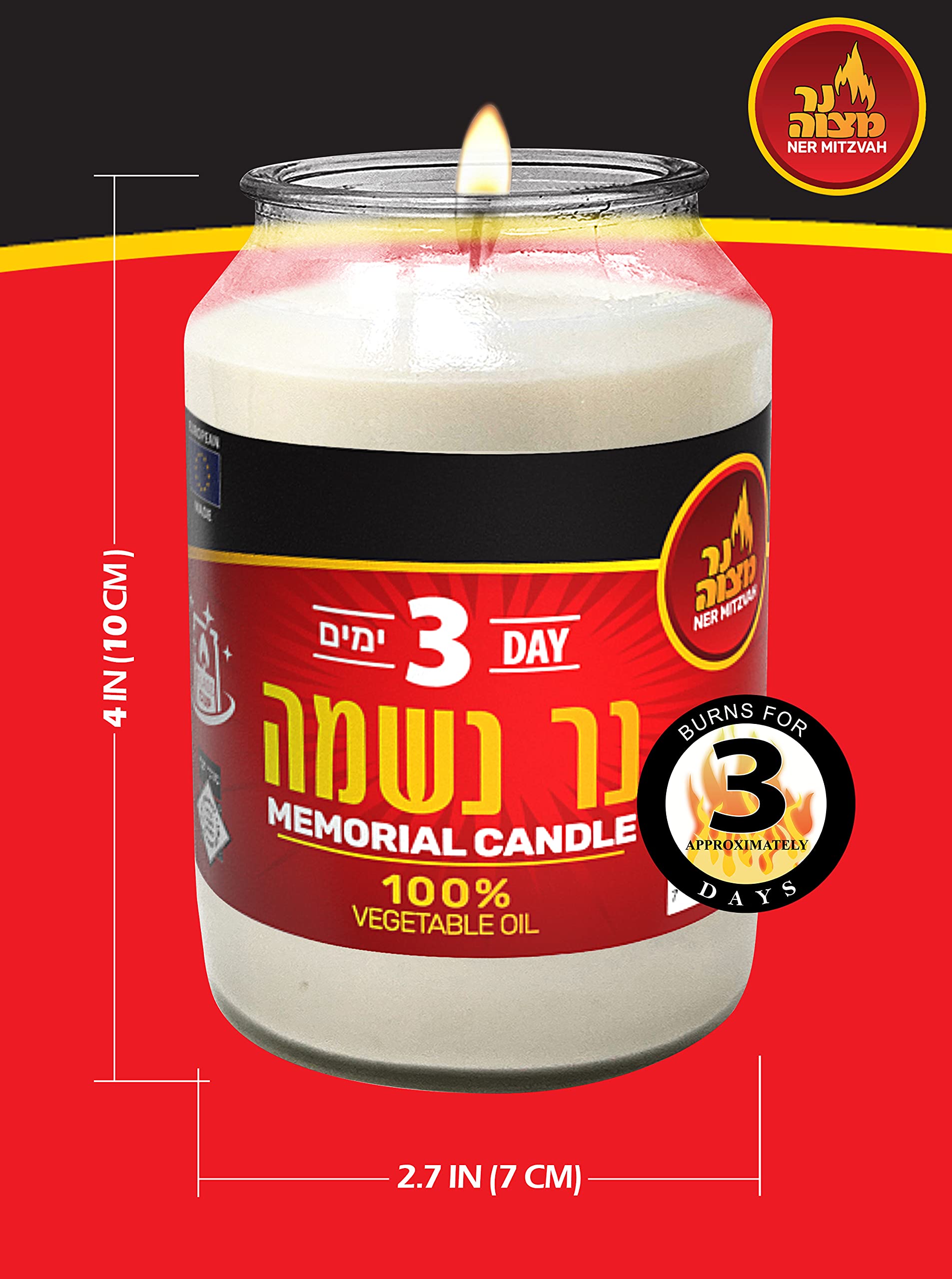 Kosher White Yahrzeit Memorial Candles - 2 Pack 3-Day Glass Jar Candles for Ner Mitzvah, Yom Kippur & Jewish Holidays - 100% Vegetable Oil Wax Prayer Candle for Remembrance, Synagogue & Home Rituals