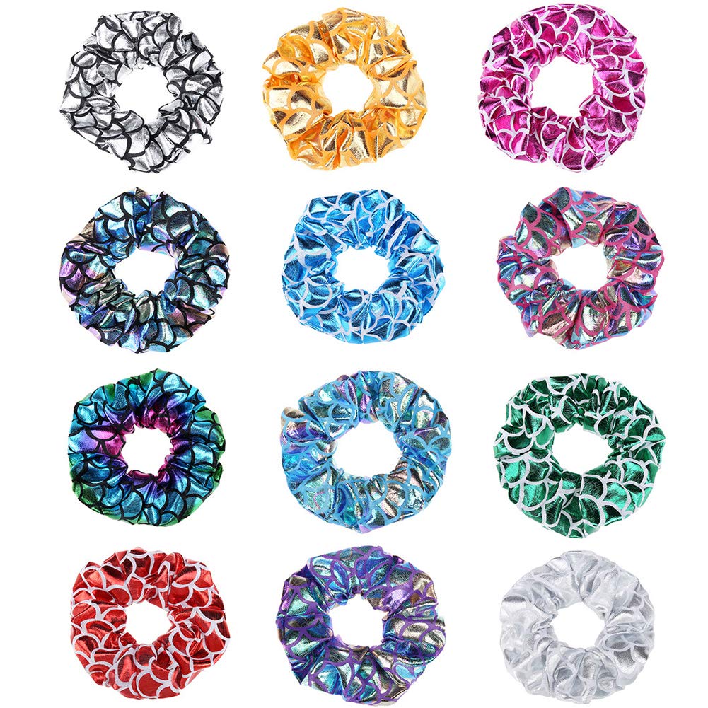 12 Pcs Mermaid Scale Hair Scrunchies - Fish Scale Hair Bands, Scrunchy Hair Ties, Ponytail Holders for Women & Girls (Assorted Colors) - Perfect for School, Work, Gym & Everyday Styling