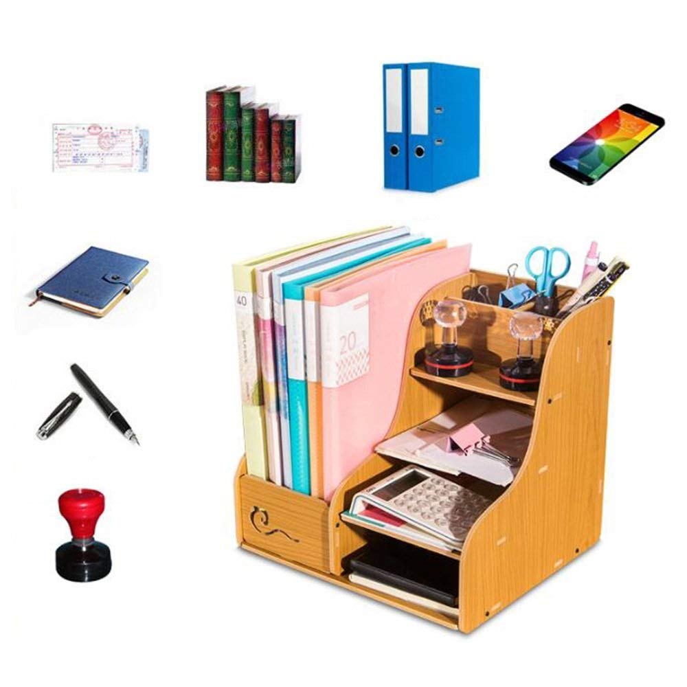 Wooden Desk Organizer Set - Vertical Magazine File Holder & 4 Horizontal Mail Sorters for Office Supplies | Desktop Document Storage Solution | Perfect for Home Office, School, and Workspace Organization