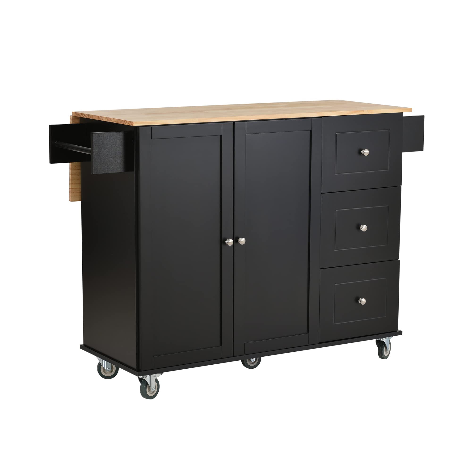 Goujxcy Solid Wood Top Kitchen Cart with Locking Wheels - Rolling Mobile Kitchen Island with Storage Cabinet & Towel Rack (Black) - Perfect for Small Kitchens, Dining Rooms & Food Prep Areas