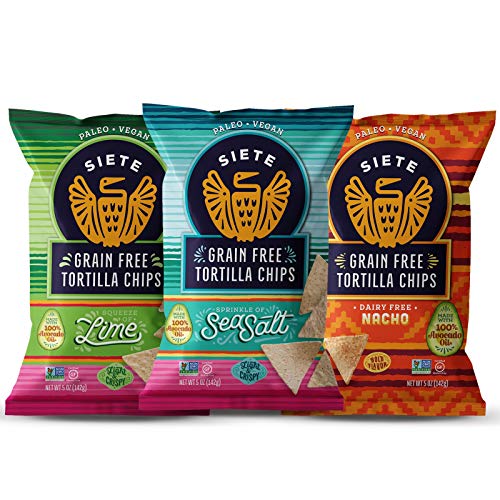 Siete Grain Free Tortilla Chips - Gluten Free, Paleo & Vegan Snacks - Non GMO - Variety Pack (Lime, Sea Salt, Nacho) - 5oz (12 Pack) | Healthy Party Snacks, Movie Night & Keto Diet Friendly