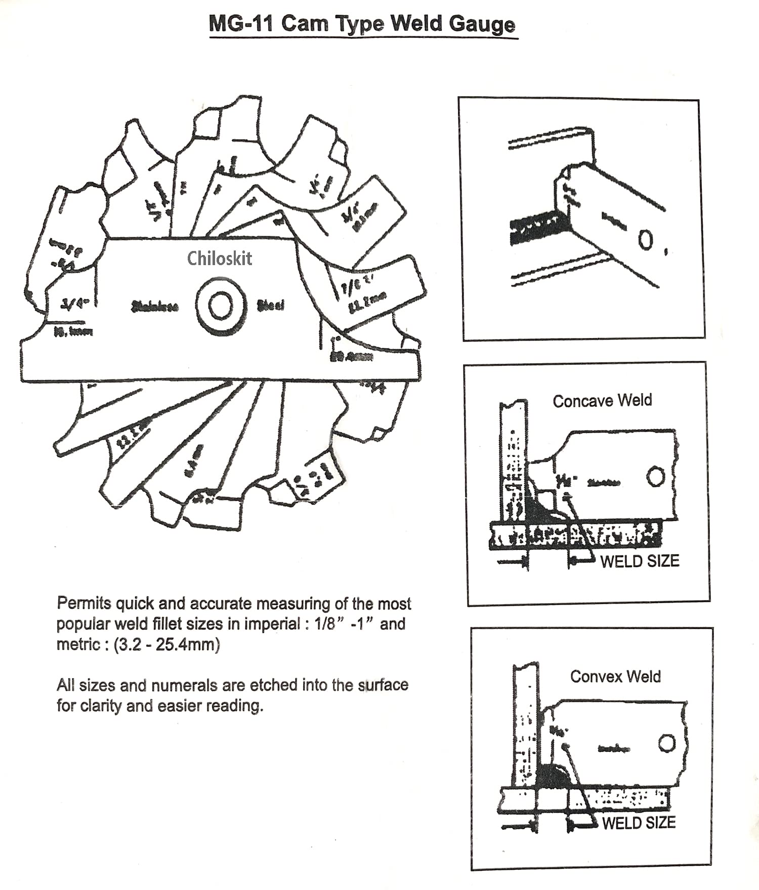 Chiloskit MG-11 Metal Welding Tool Set - Weld Fillet Gauge & Inspection Ruler with Inch/Metric Measurements (1/8