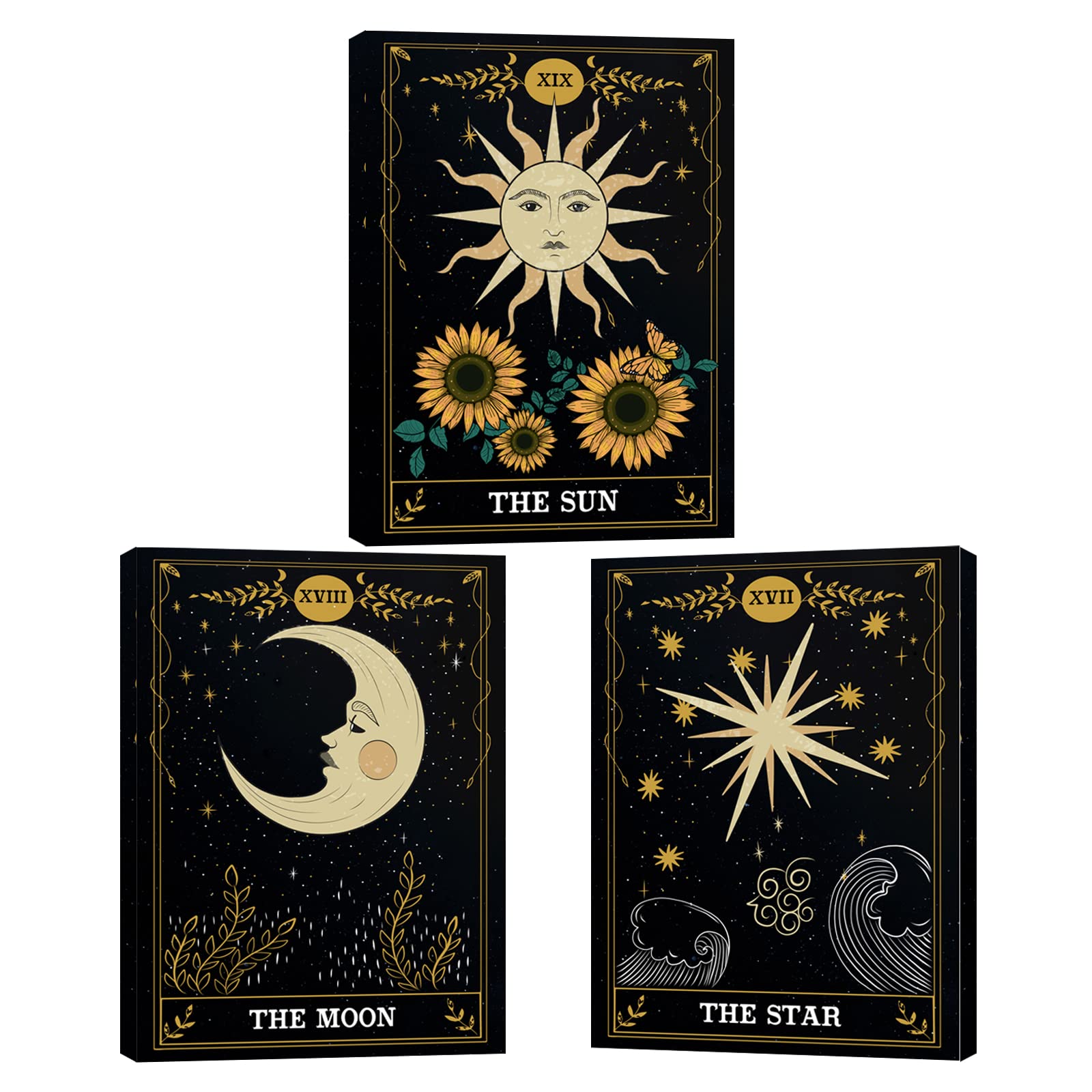 Set of 3 Mystic Tarot Card Wall Art Prints - Celestial Sun, Moon & Stars Astrology Decor | Boho & Medieval European Style Canvas Posters for Bedroom, Living Room | Perfect for Spiritual Spaces, Meditation Rooms & Witchy Aesthetic Home Decor
