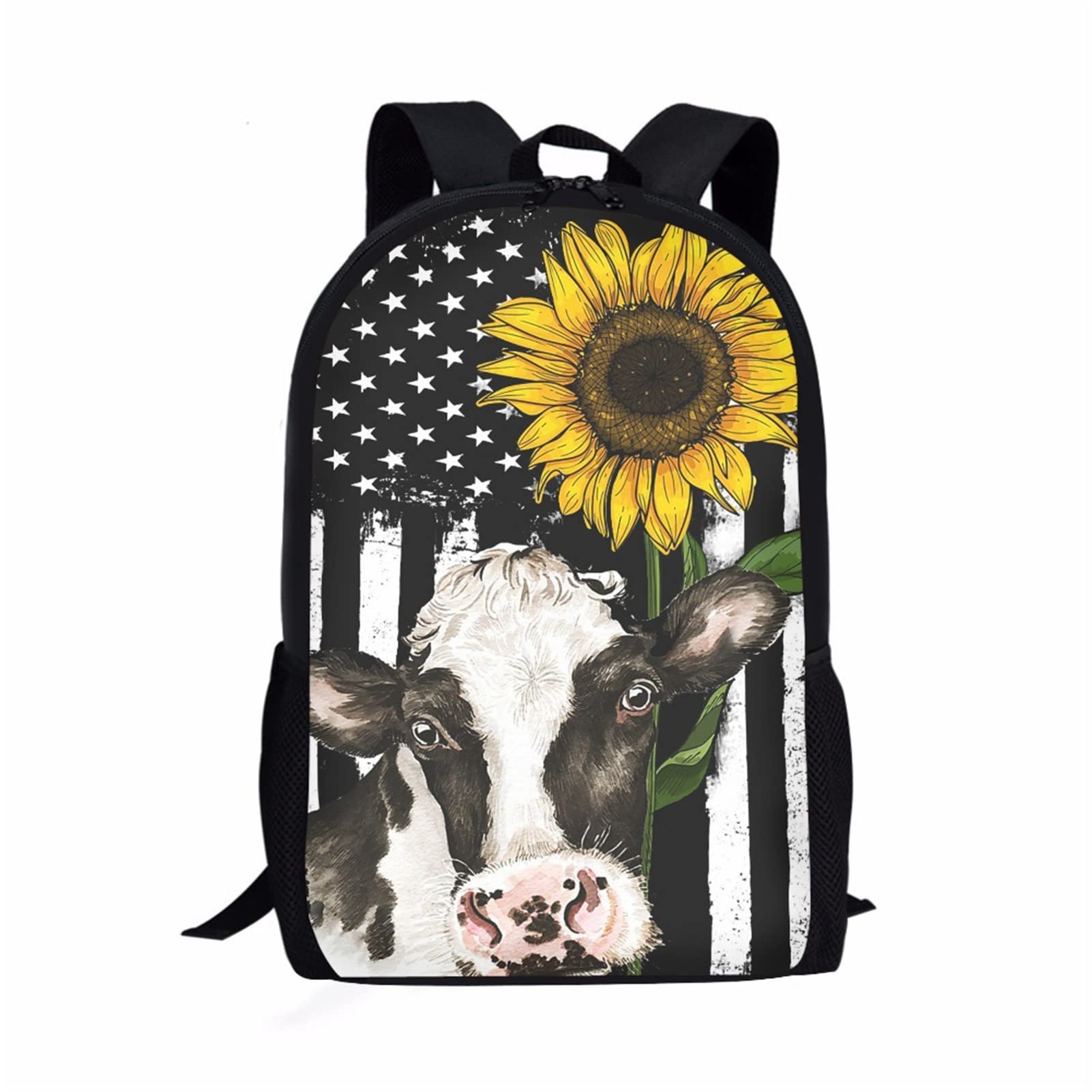 WELLFLYHOM 16 Inch Kids Backpack for Boys & Girls - Lightweight Polyester School Bag with Cute Cow Sunflower Print, Durable Bookbag for Toddler & Elementary Students, Perfect for School, Travel & Daily Use
