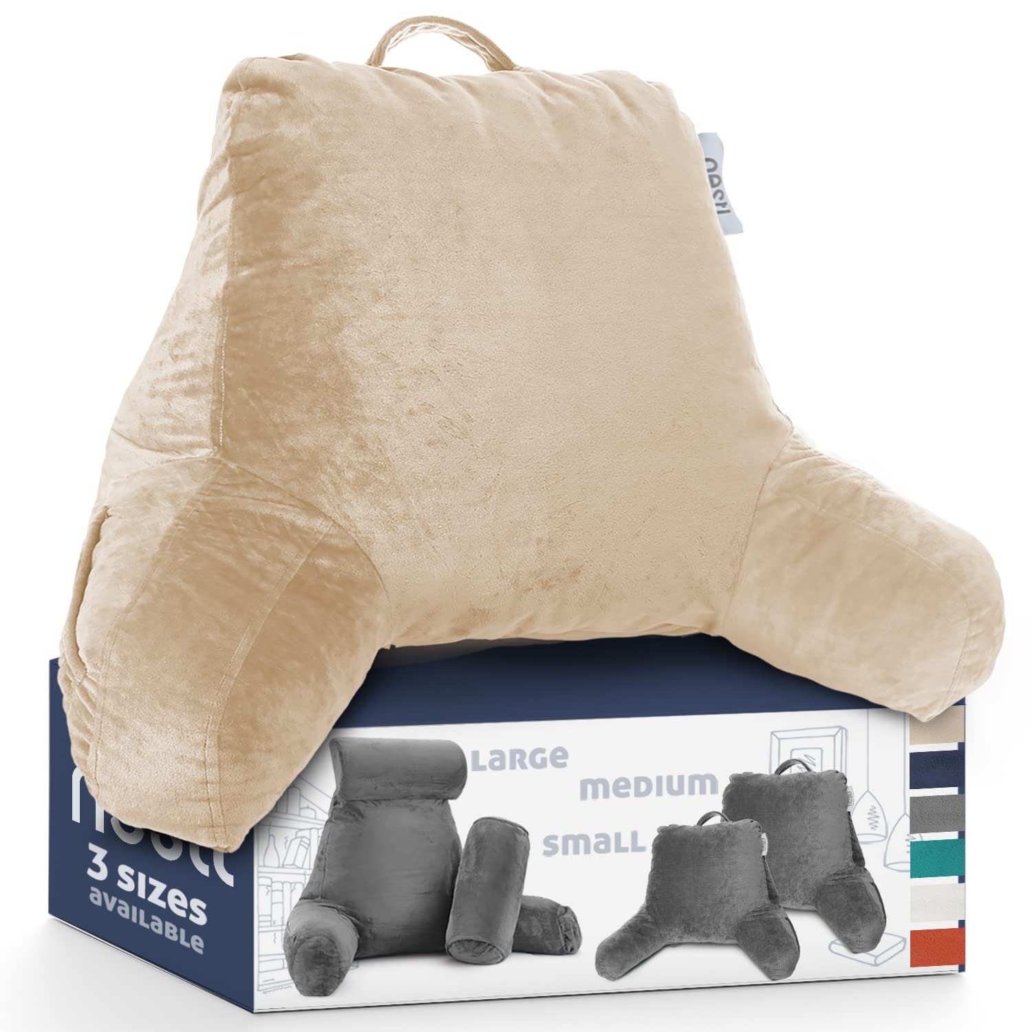 Nestl Reading Pillow with Shredded Memory Foam - Standard Bed Pillow for Back Support, Sitting in Bed & Armchair - Beige Cream Backrest Pillow with Pockets for Reading, Relaxing & Watching TV in Bedroom or Living Room