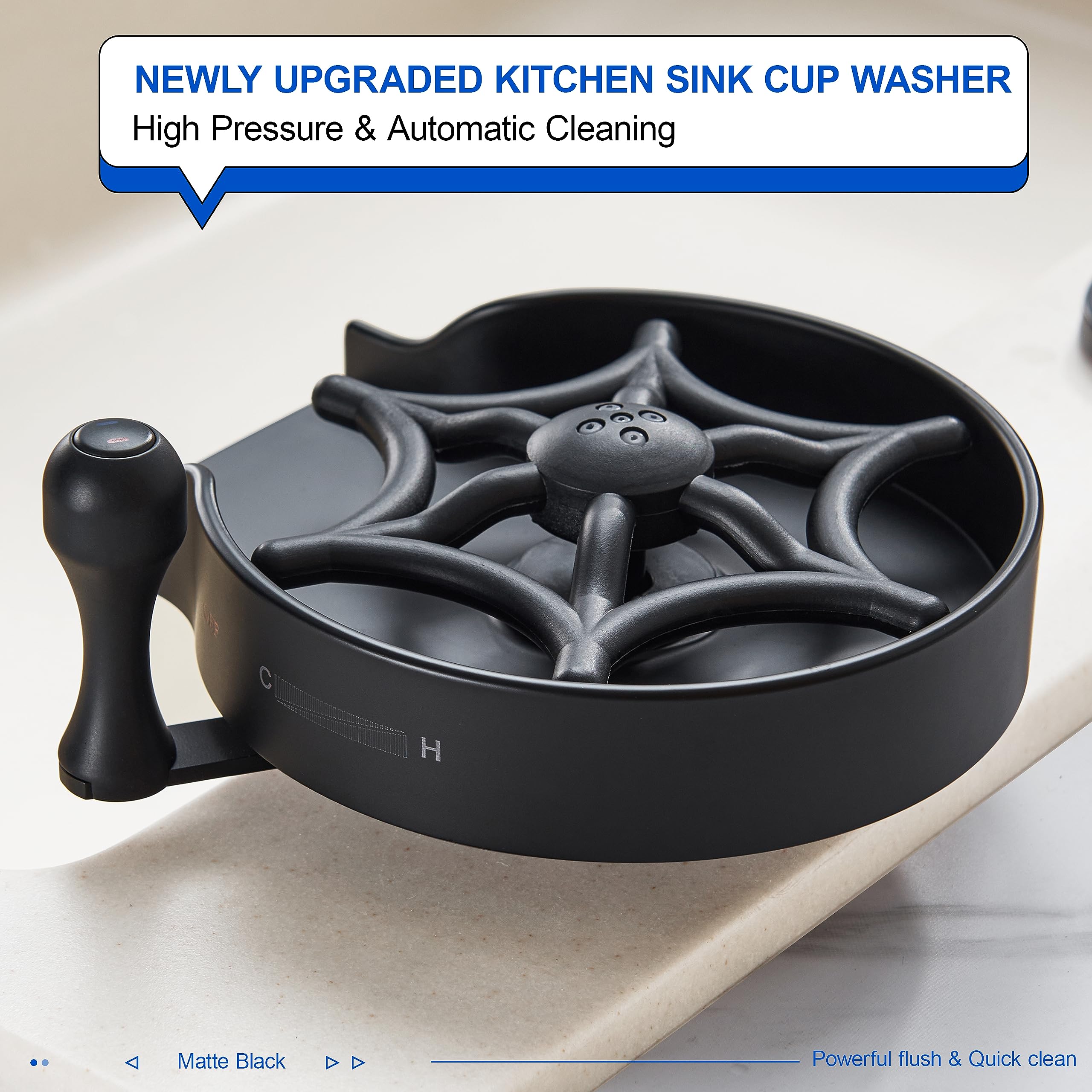 Premium Matte Black Kitchen Sink Glass Rinser - Hot & Cold Water Switching Cup/Bottle Washer for Bar, Restaurant & Home Use - Fast Automatic Flushing Faucet Cleaner for Wine Glasses, Coffee Mugs & Baby Bottles
