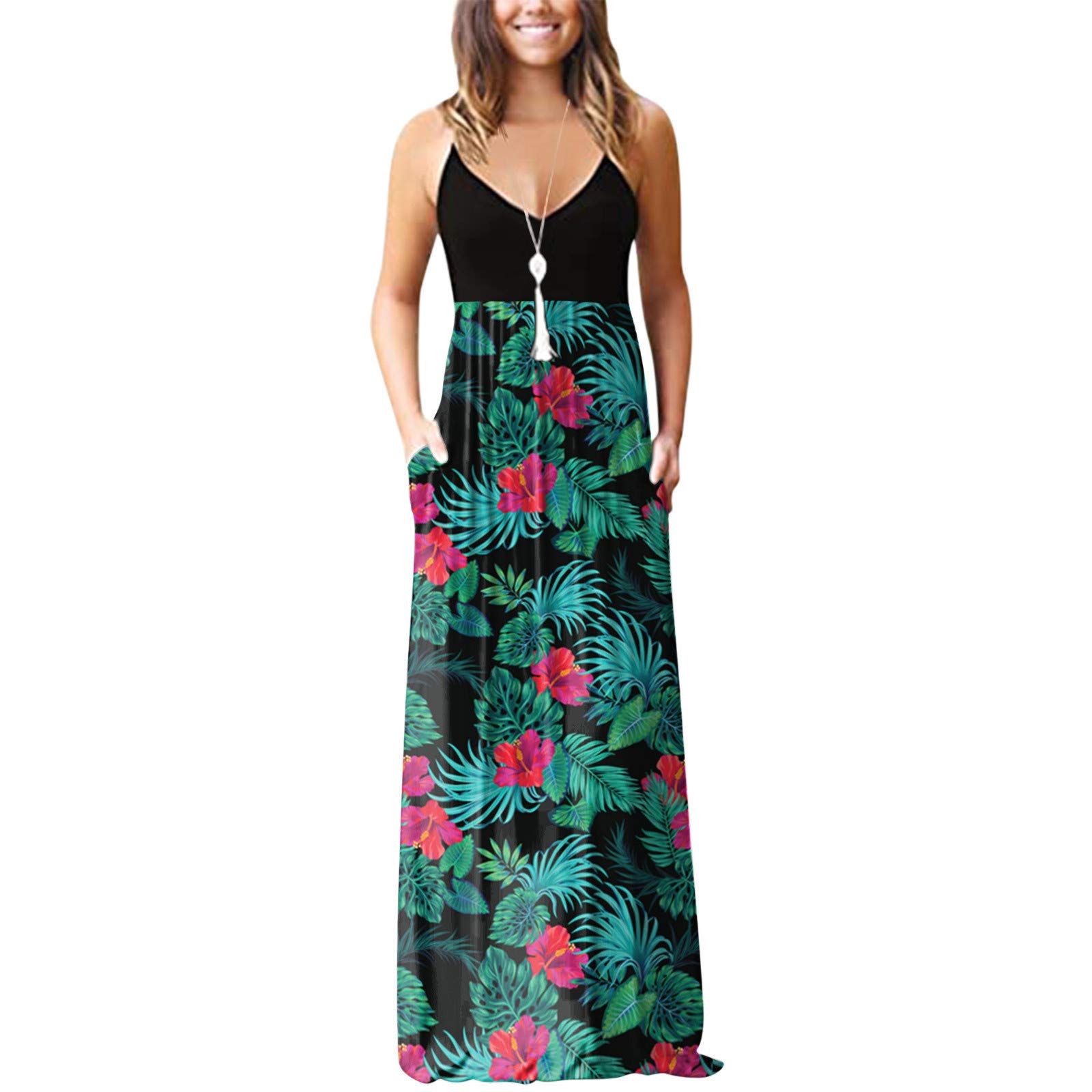 Kaideny Women's Floral Print V-Neck Sleeveless Maxi Dress with Pockets - Summer Long Dress in Green for Beach, Vacation & Casual Wear