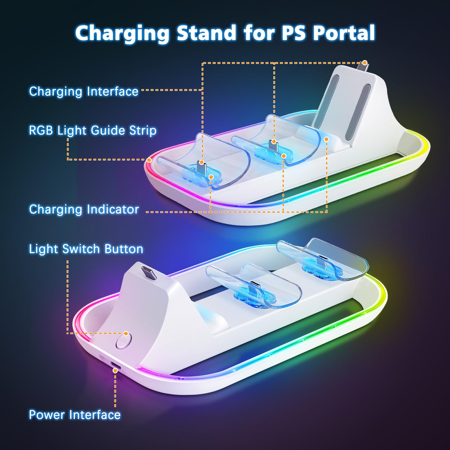 Tendak Charging Station for Playstation Portal Remote Player & PS5 Controller - Dual USB-C Dock with 14 RGB Lights & Fast Charging - Portable Gaming Accessory for Home & Travel Use