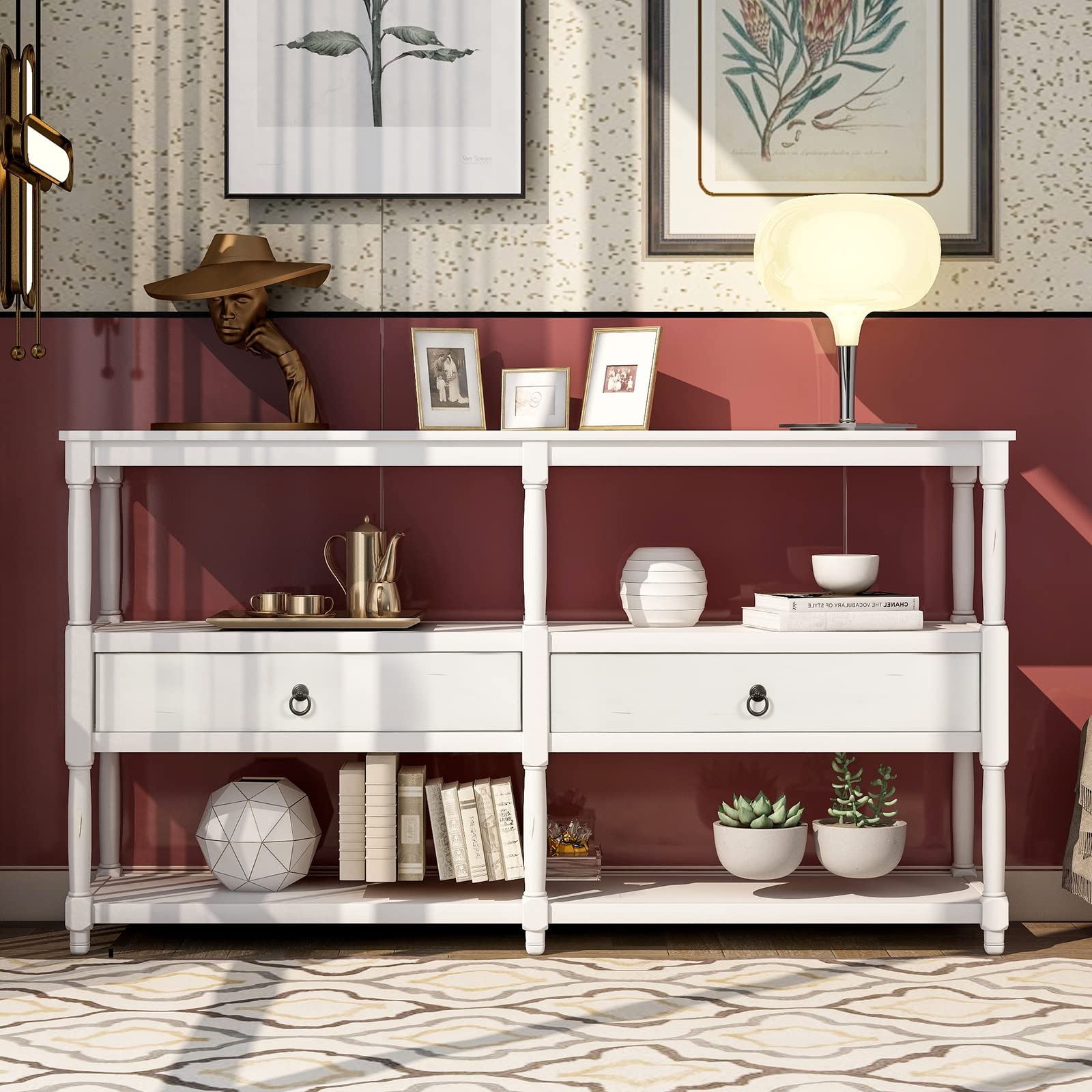 Rustic Console Table with 2 Drawers & 3-Tier Shelf - 58