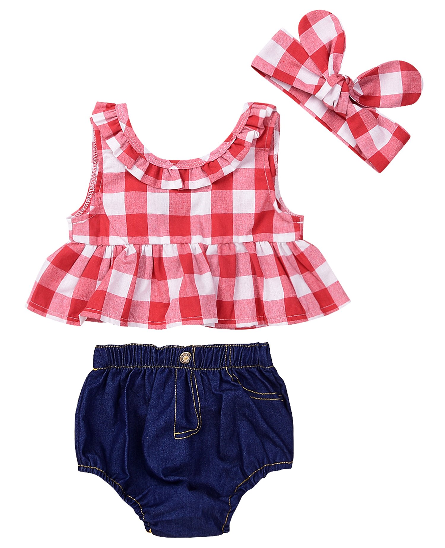 Baby Girls Plaid Ruffle Bowknot Tank Top & Denim Shorts Outfit Set with Headband - Cute Summer Outfits for Toddler Girls, Photo Shoots & Playdates