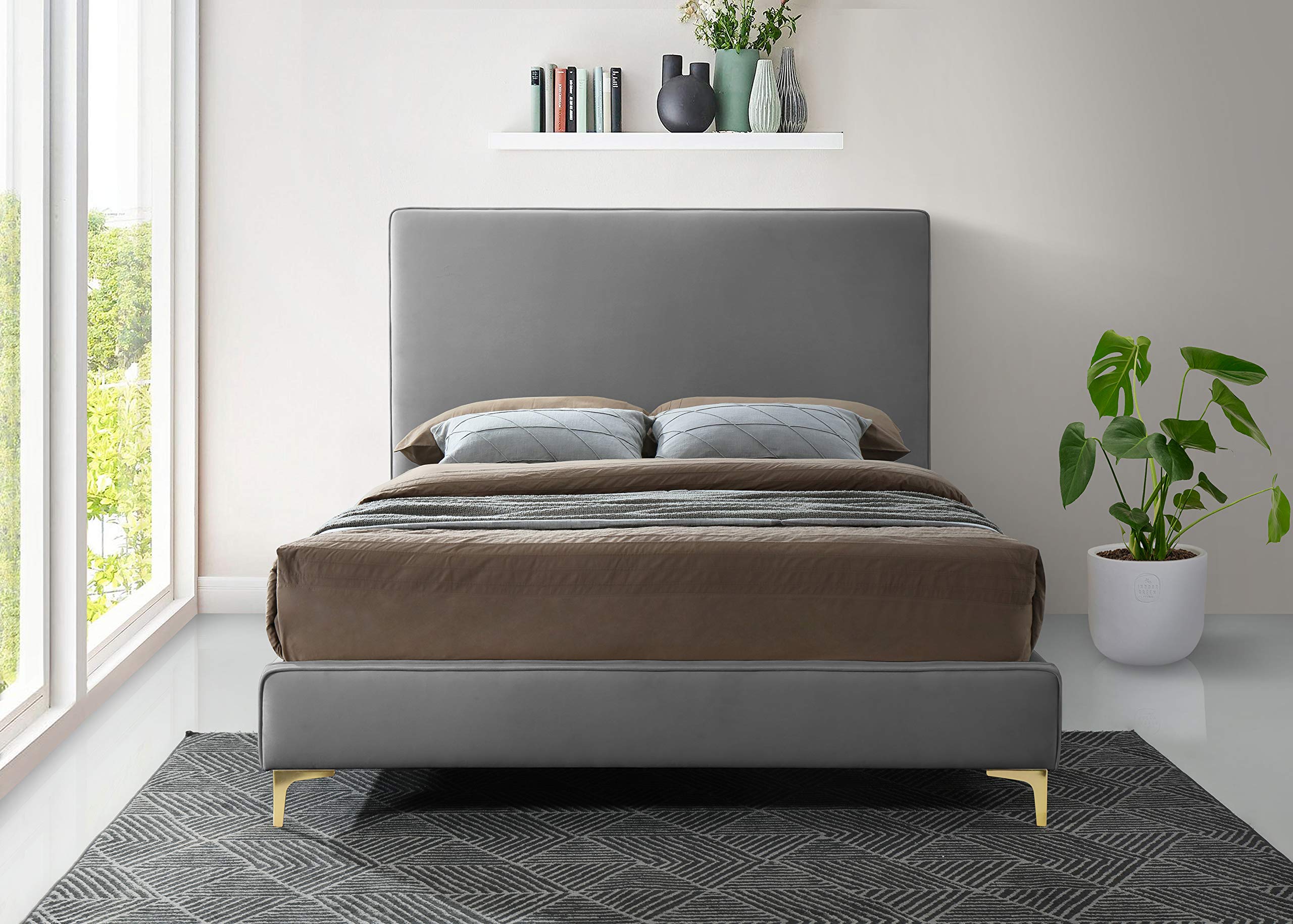 Modern Velvet Upholstered Bed with Gold/Chrome Finish - Full Size Grey Platform Bed with Tufted Headboard | Contemporary Bedroom Furniture for Master Bedroom, Guest Room & Apartment