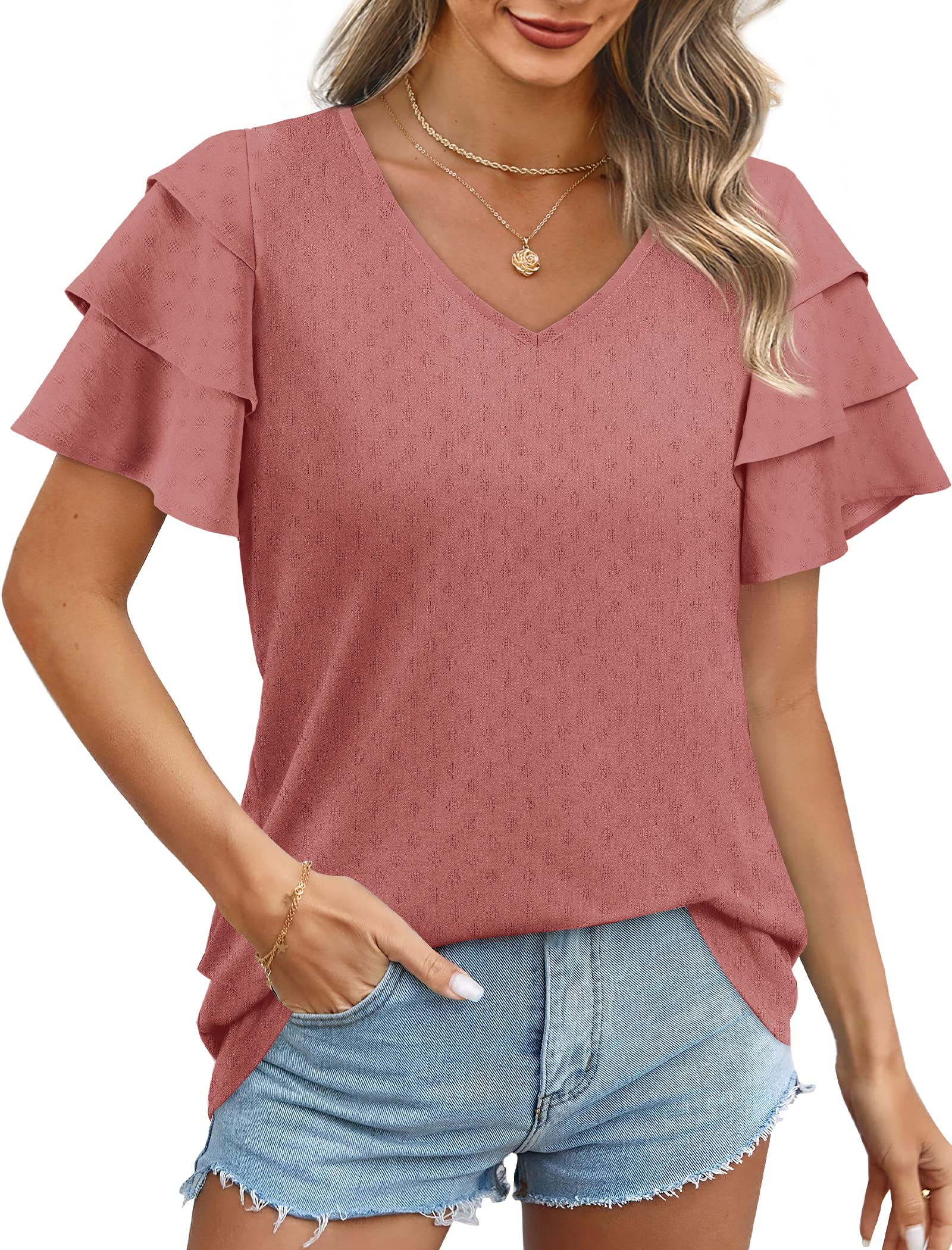 Bofell Women's Casual Ruffle Short Sleeve V-Neck Summer Tops & Blouses - Perfect for Office Wear, Date Nights and Summer Outfits
