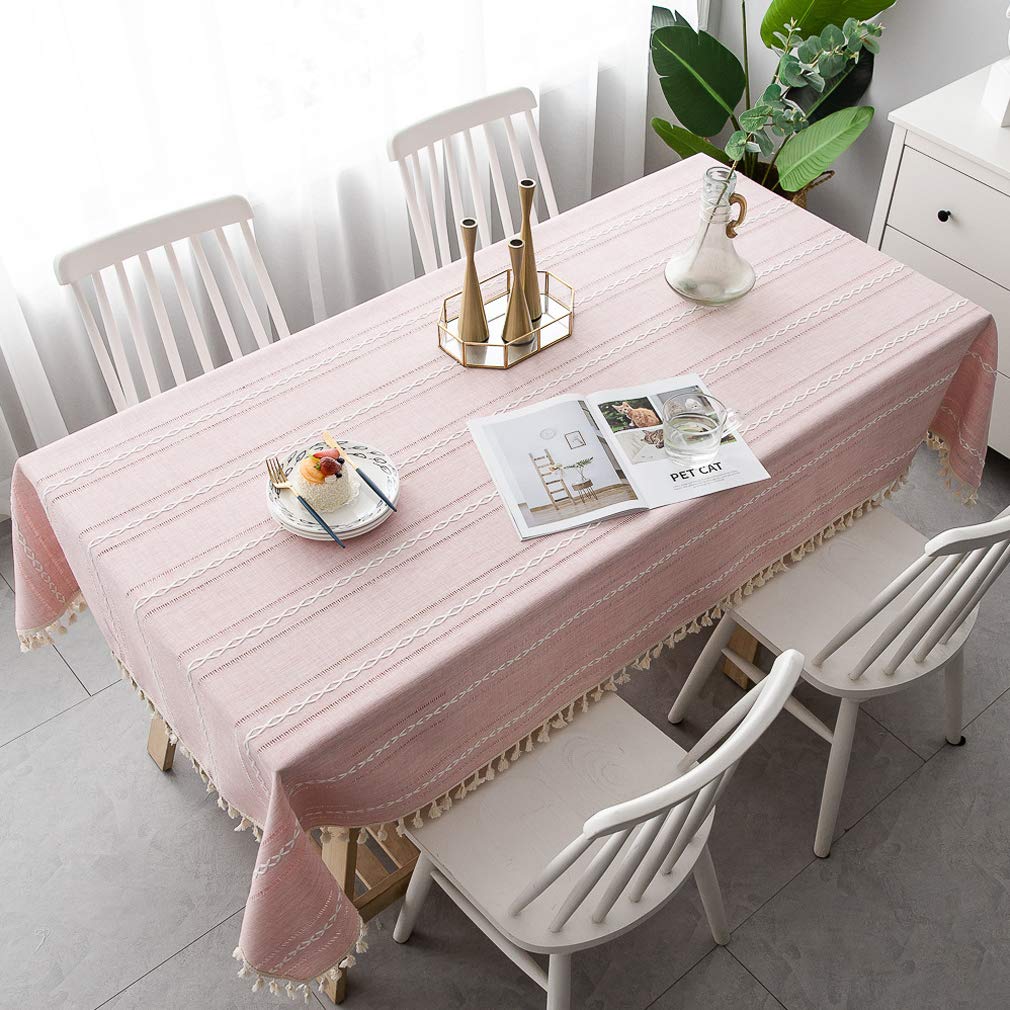 Premium Cotton Linen Tablecloth - Wrinkle-Free, Tassel Trim, Rectangle 55x79 Inch for Dining & Kitchen Decor (Light Pink) | Perfect for Dinner Parties, Holidays & Everyday Use